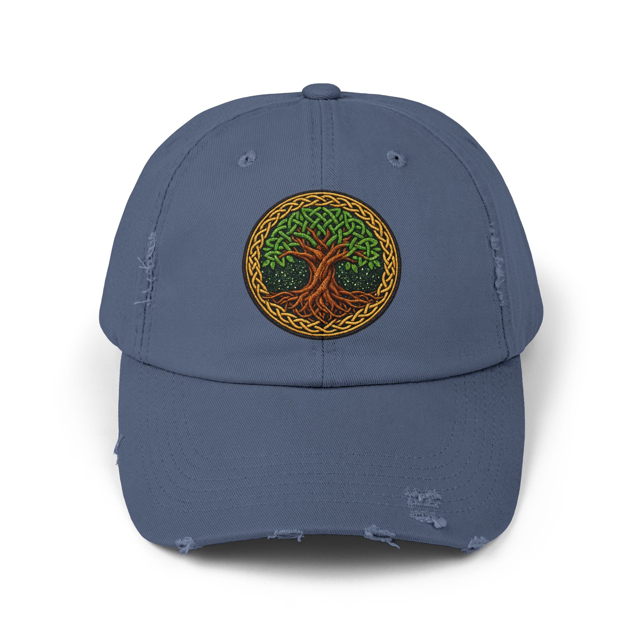 Distressed Baseball Cap — Celtic Tree of Life Faux-Embroidered Adjustable Hat