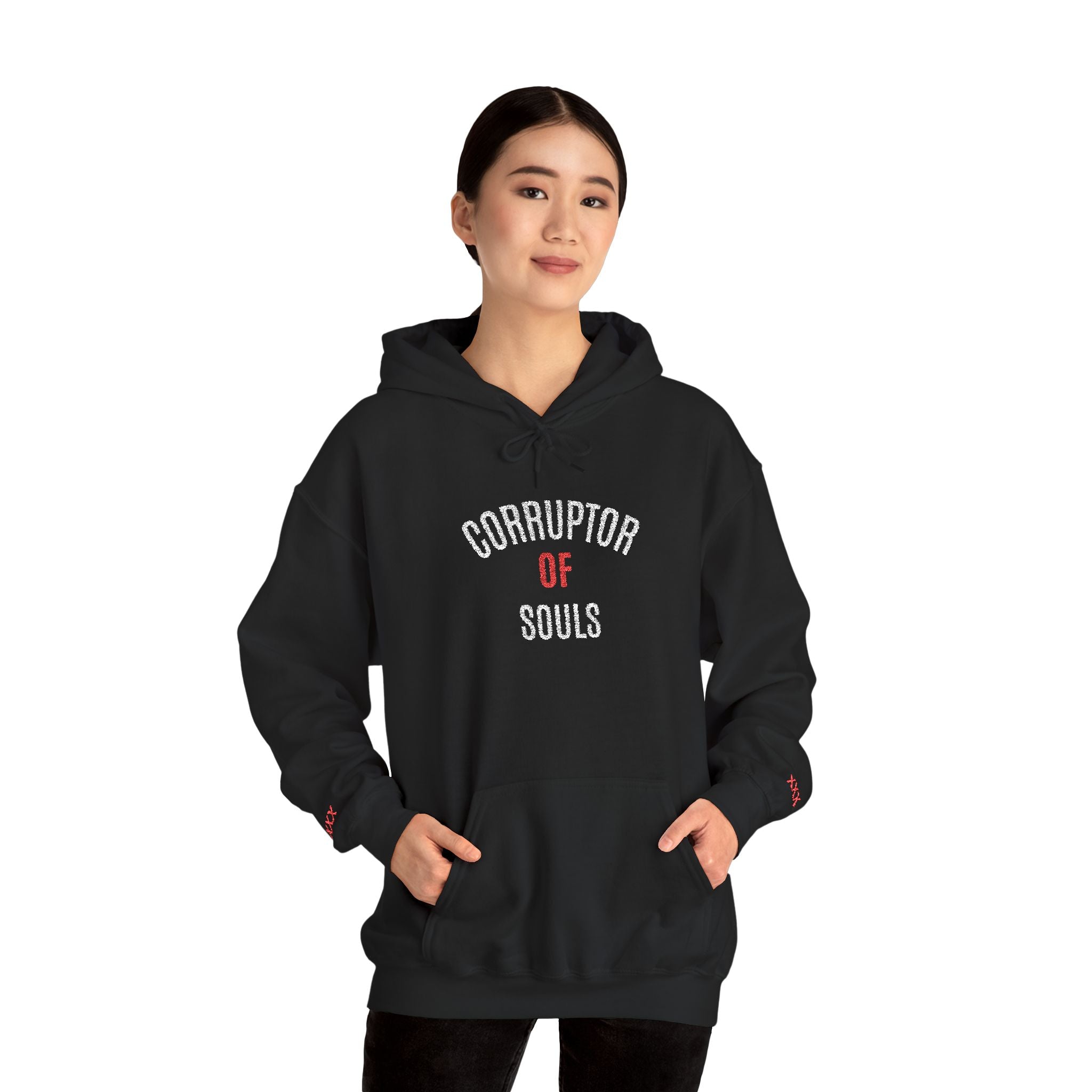 Corruptor of Souls Hoodie — Gothic Black Embroidered Pullover with Red Accent
