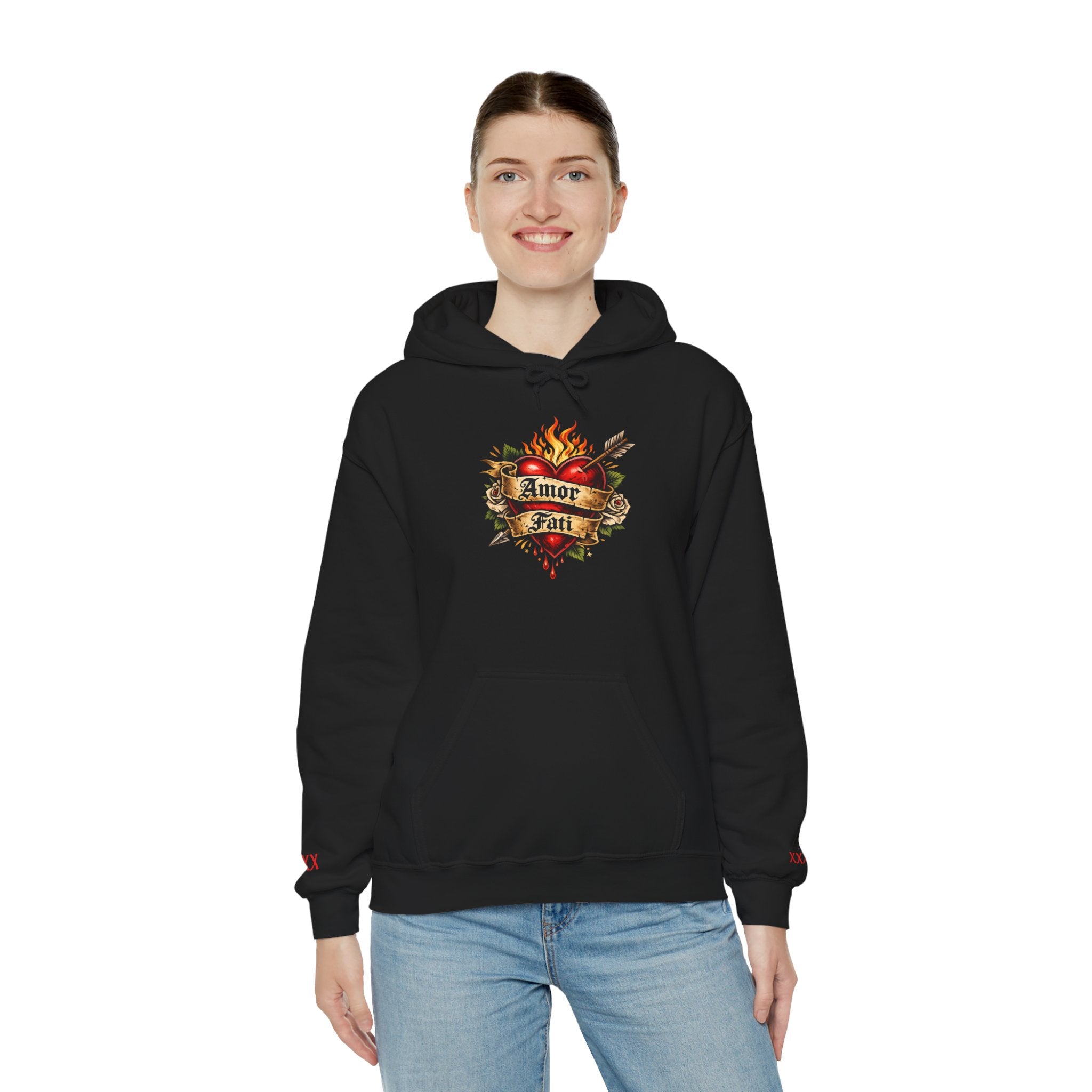 Amor Fati Flaming Heart Hoodie — Tattoo-Style Motivational Pullover