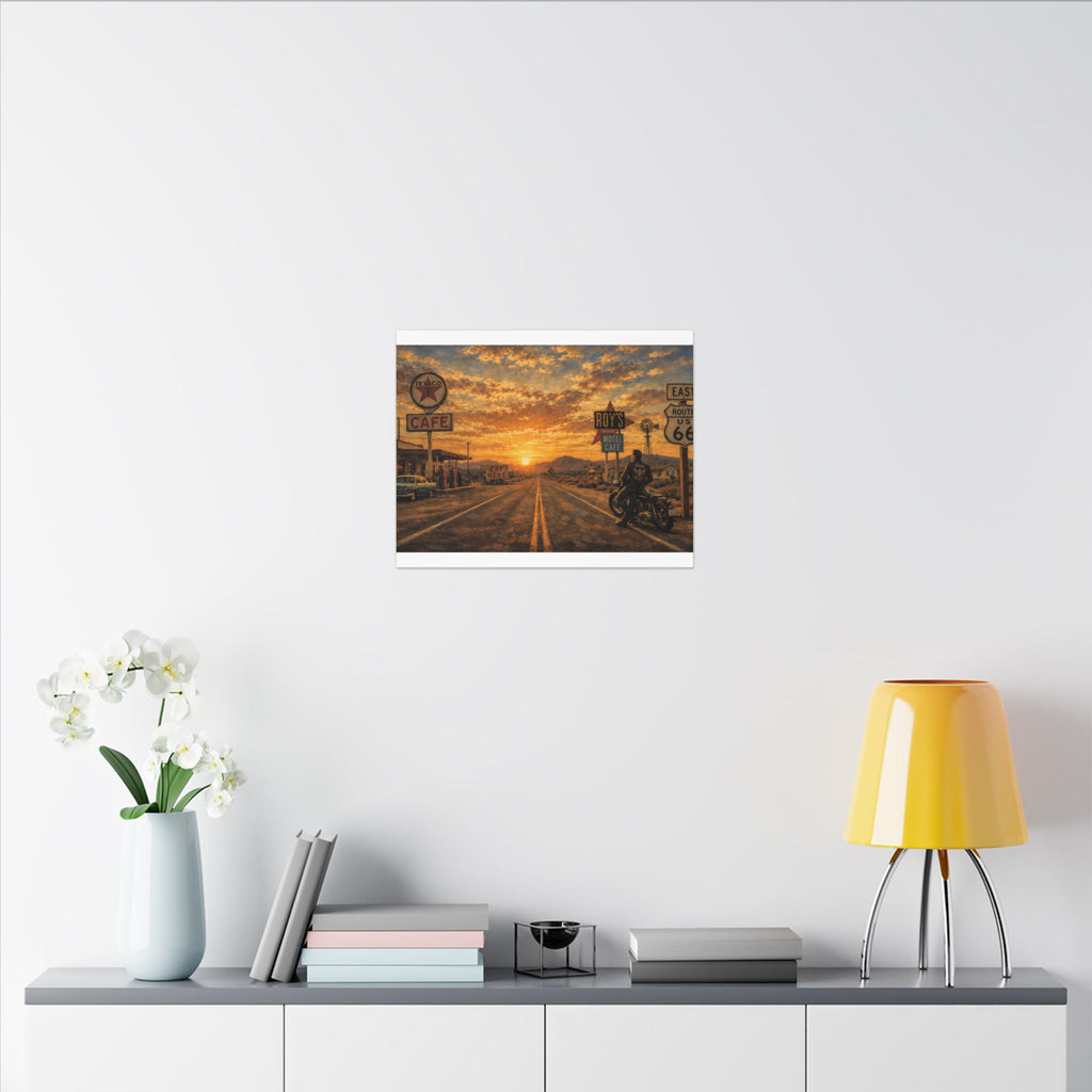 Route 66 Sunset Motorcycle Canvas Wall Art — Vintage Roadside Cafe Print
