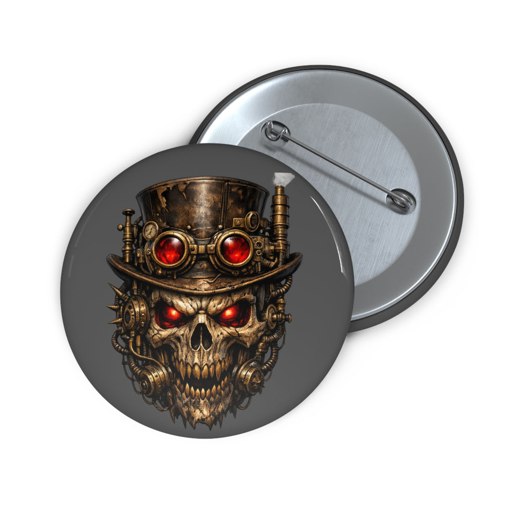 Steampunk Skull Pin Button — Red-Gem Goggles Goth Badge