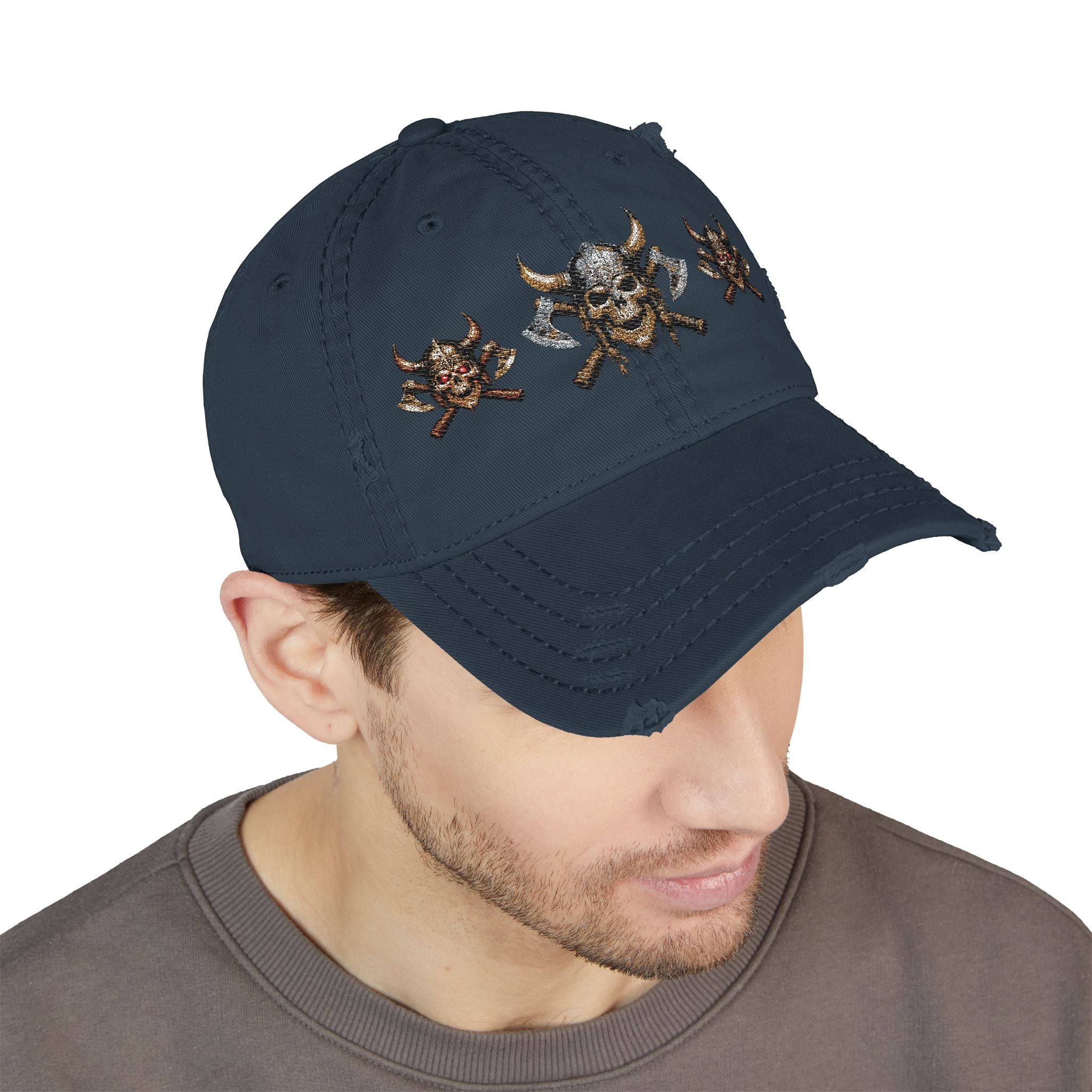 Distressed Viking Skull & Crossed Axes Embroidered Dad Hat