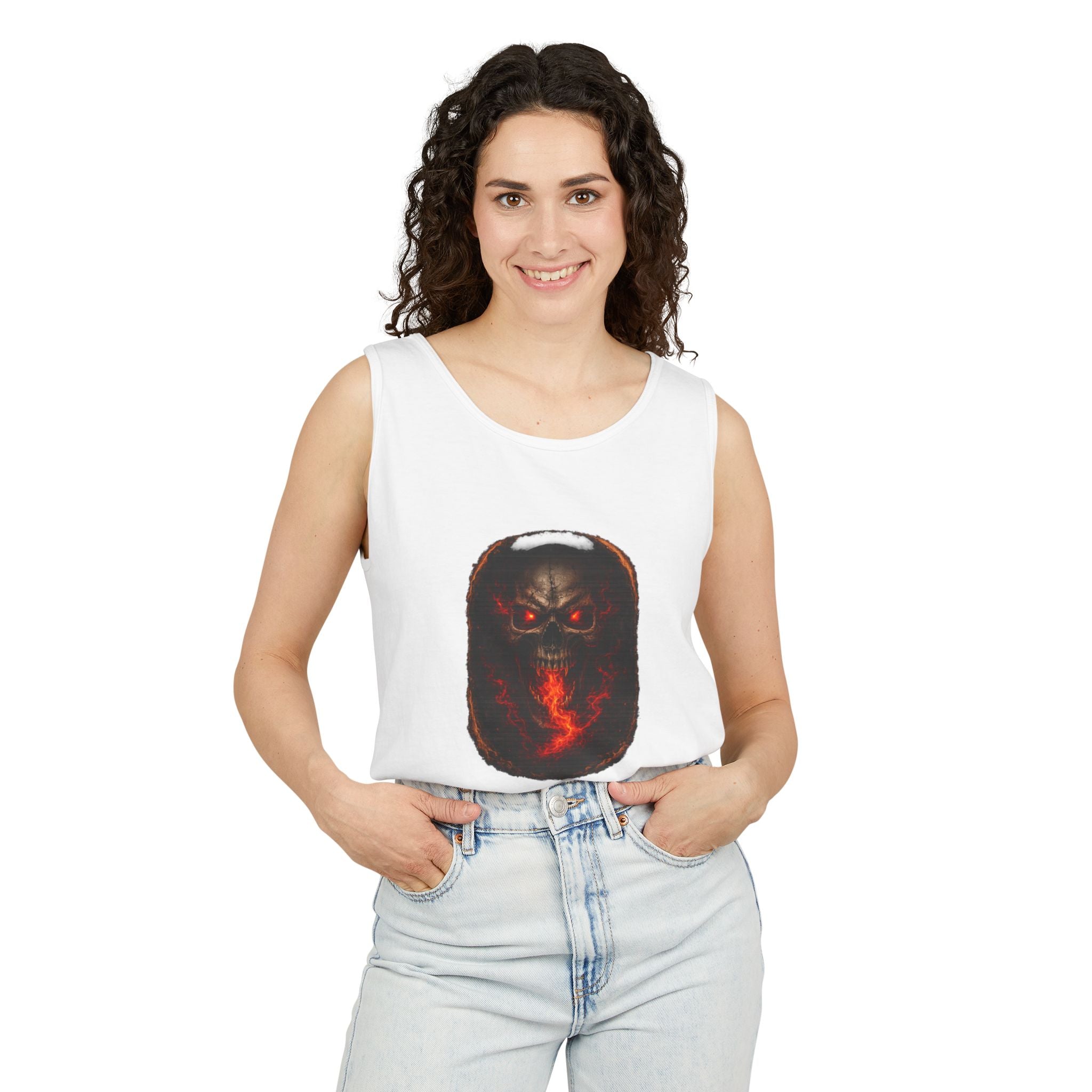 Demon Skull Flame Tank Top — Horror Graphic Summer Tee