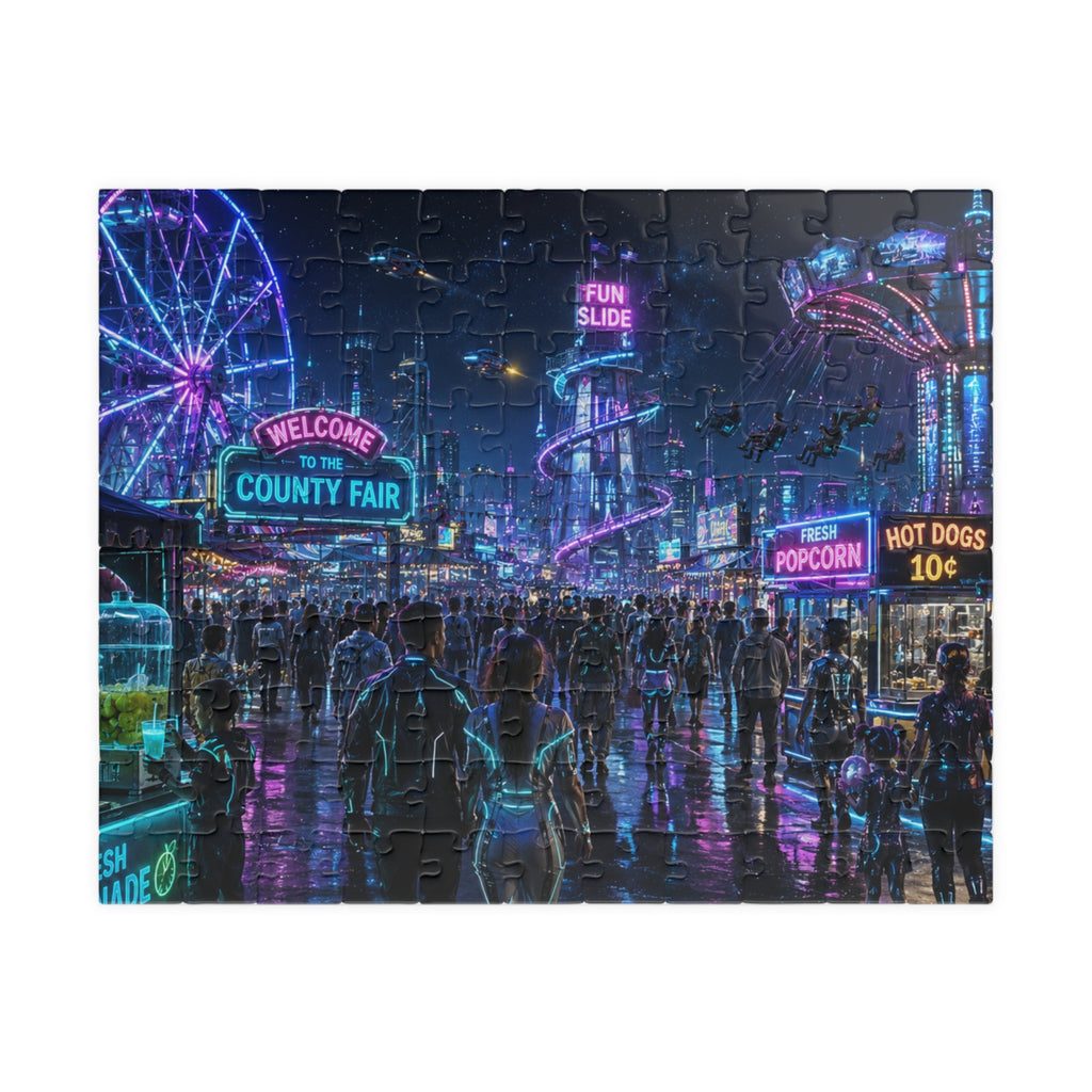 Futuristic County Fair Neon Night Jigsaw Puzzle — Carnival Lights 252/520/1014 pc