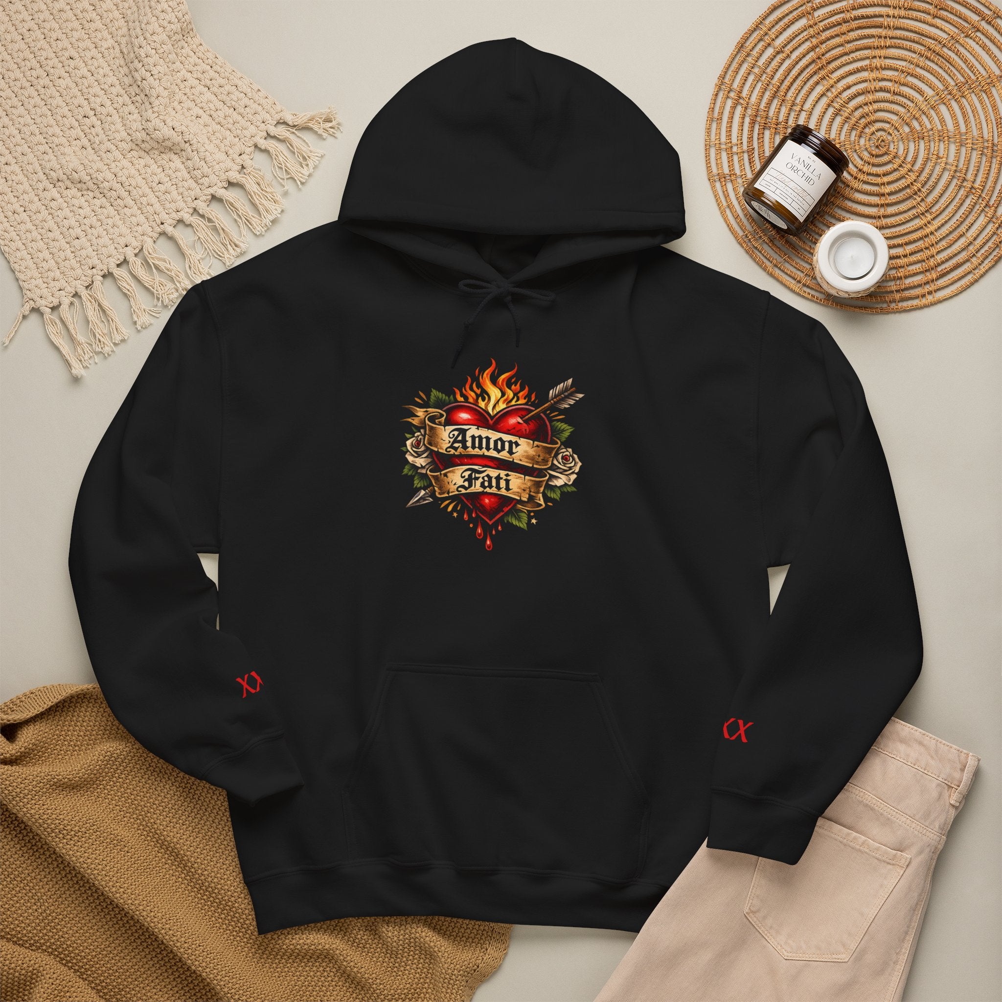 Amor Fati Flaming Heart Hoodie — Tattoo-Style Motivational Pullover