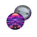 Retro Cyberpunk 1984 Inspired Video Game Pin Button — Neon Sunset Cityscape Car Design