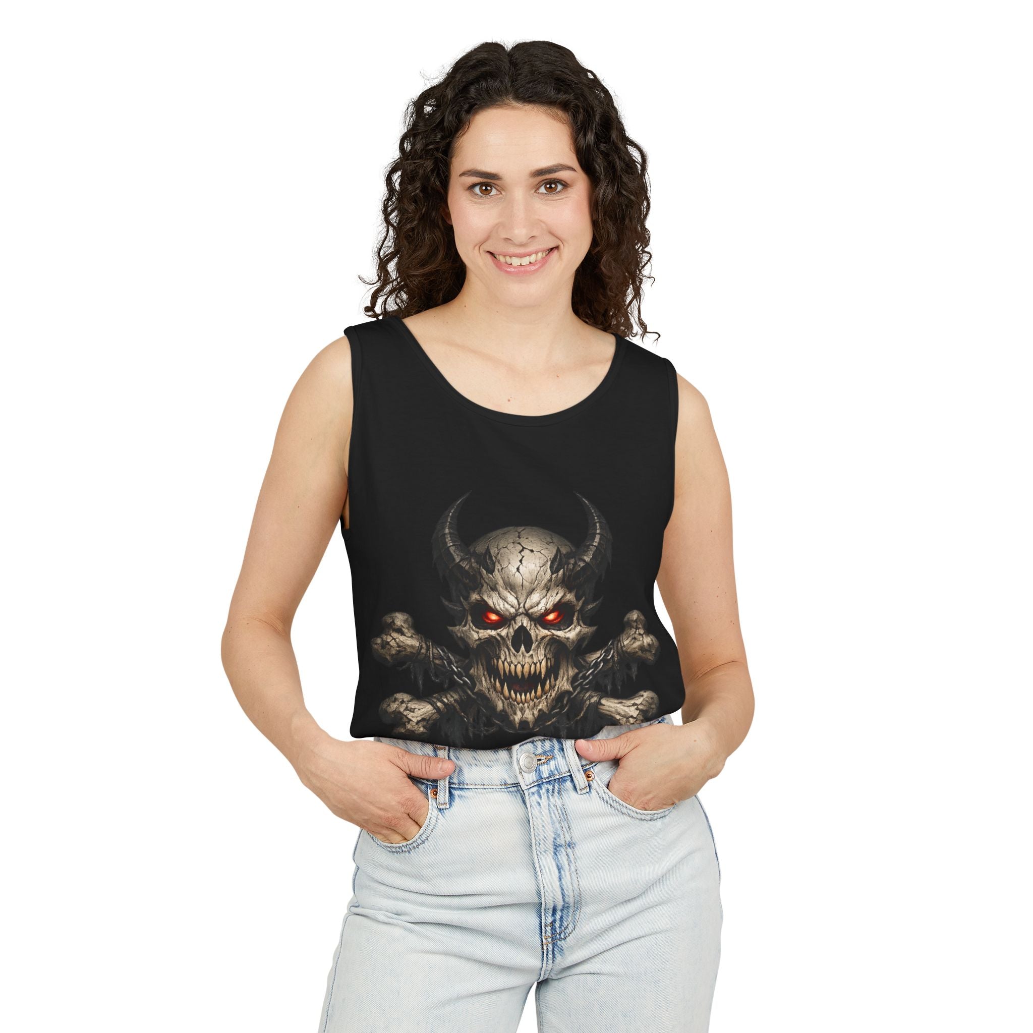 Demon Skull Tank Top — Red-Eyed Skull & Crossbones Graphic