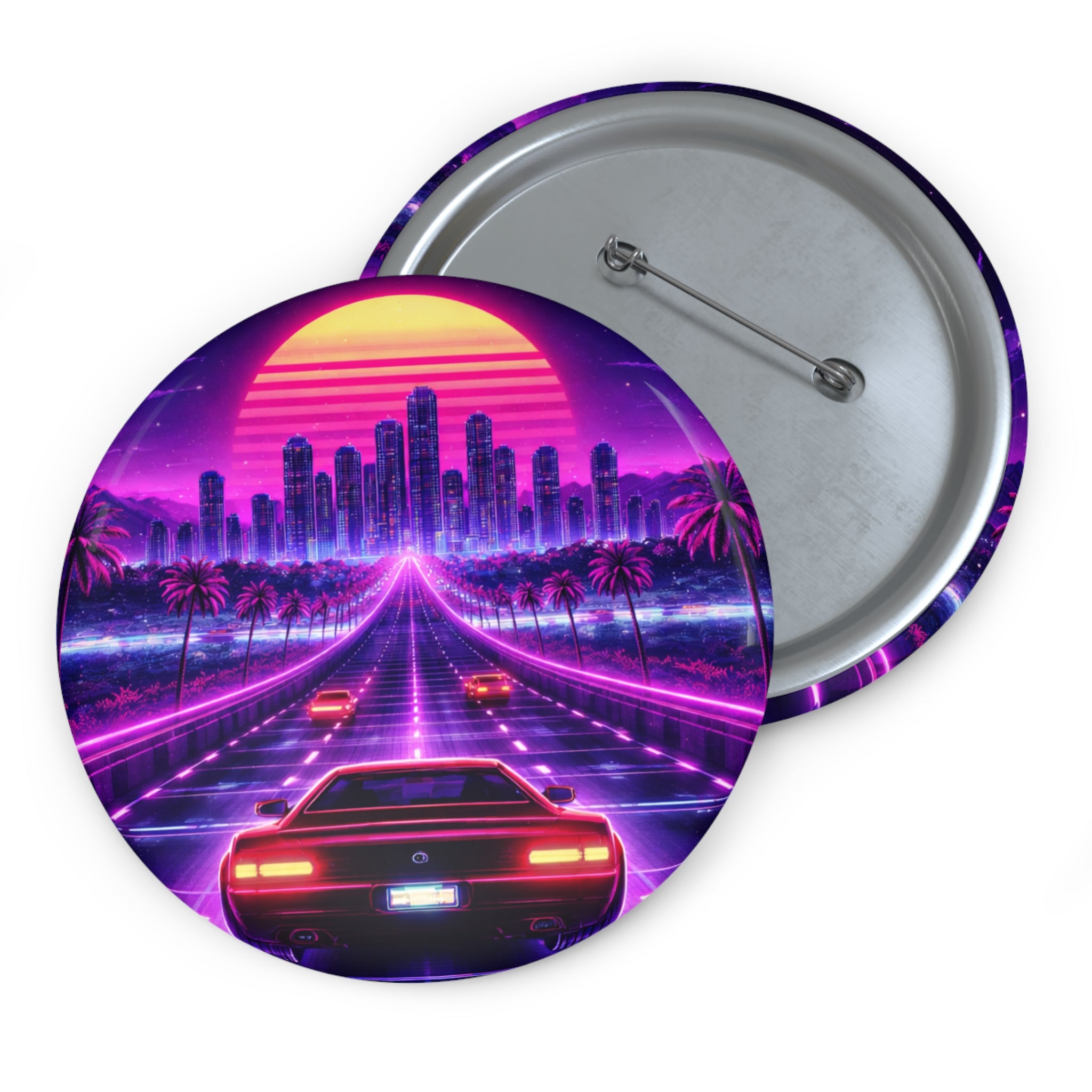 Retro Cyberpunk 1984 Inspired Video Game Pin Button — Neon Sunset Cityscape Car Design