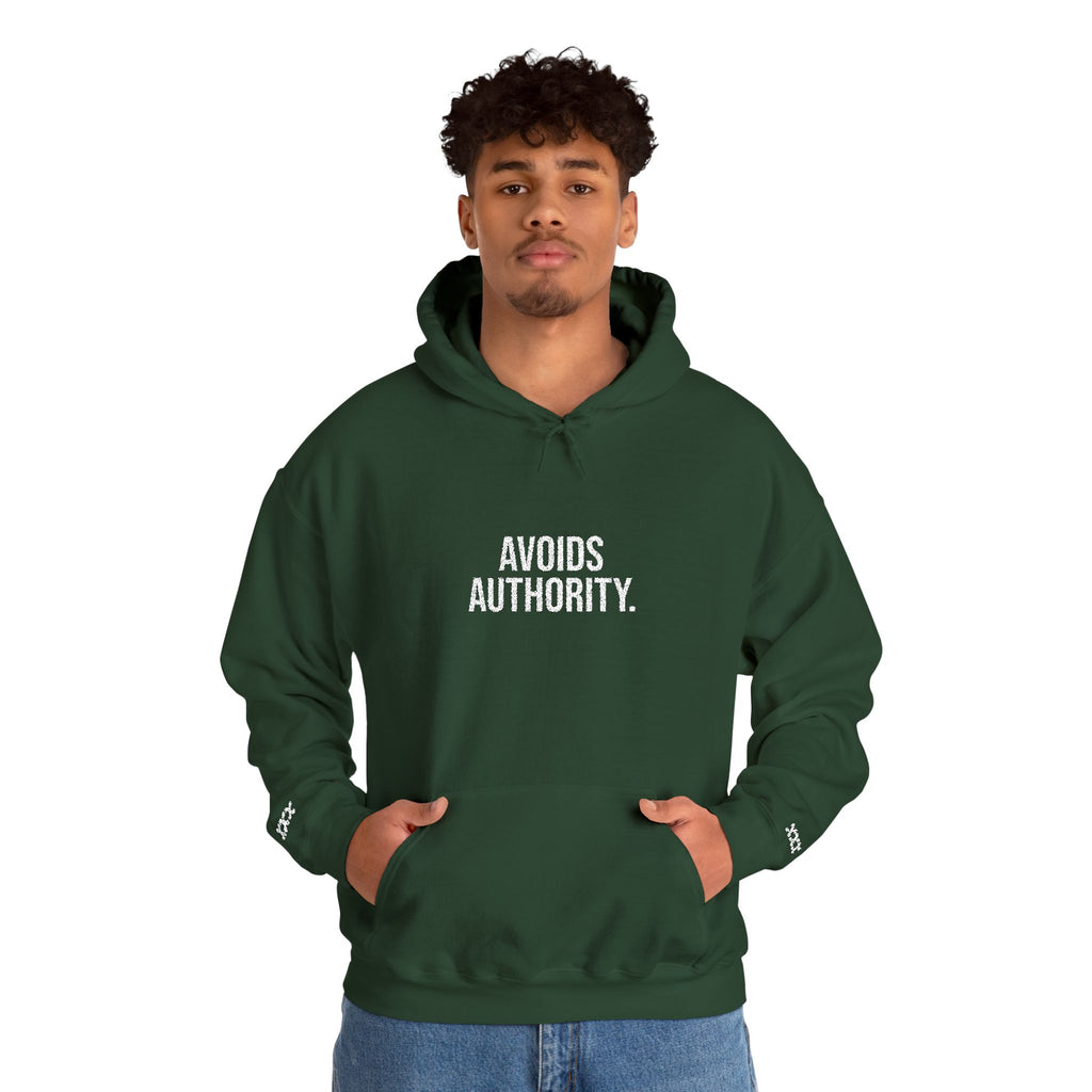 Avoids Authority Hoodie — Rebellious Embroidered Pullover