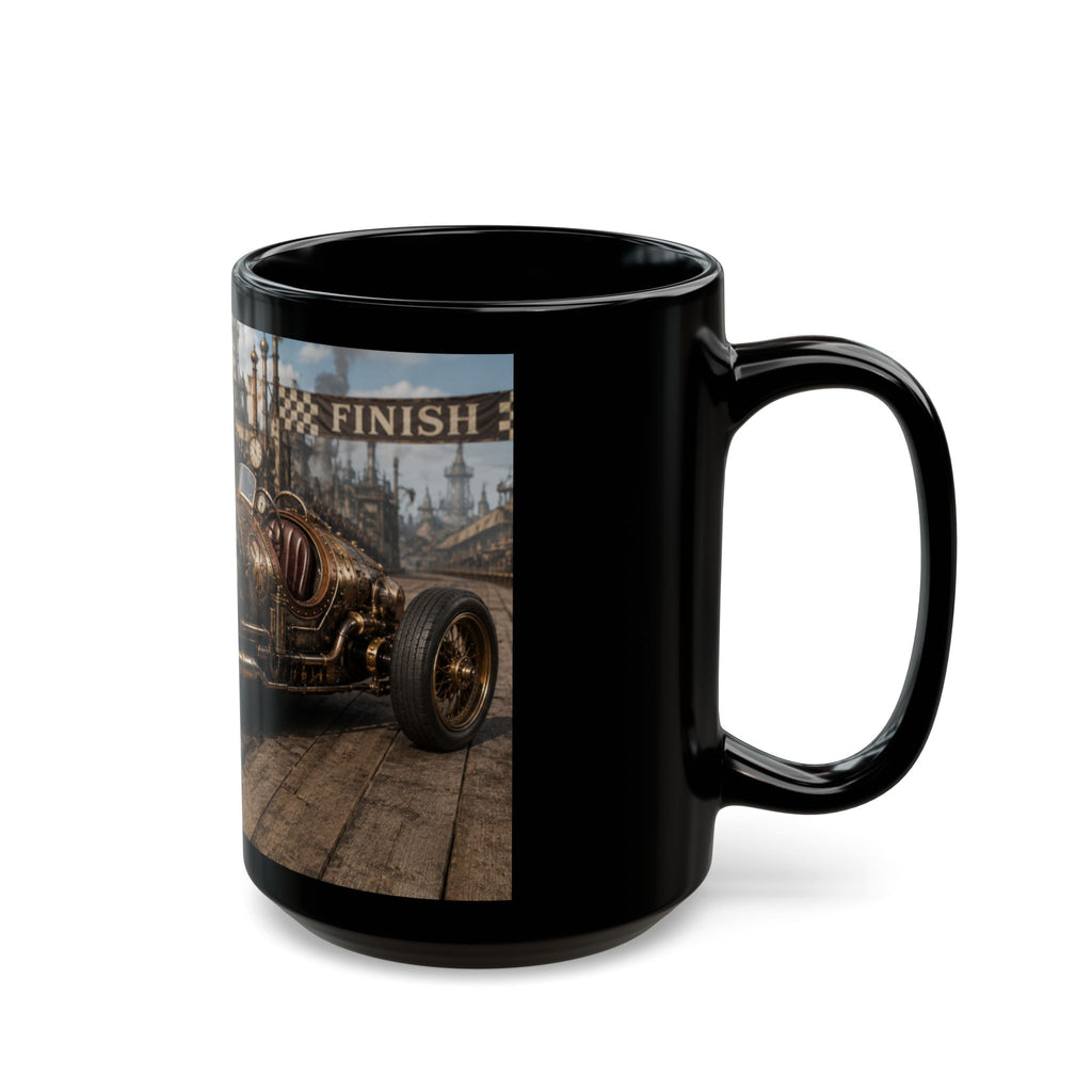 Steampunk Vintage Racecar Black Mug - 'Finish' Retro Racing Coffee Cup (11oz/15oz)