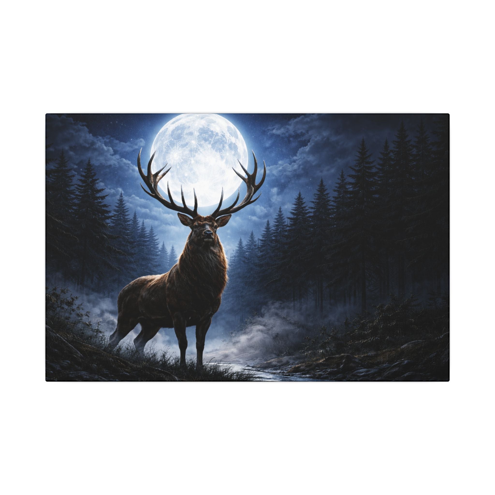 Moonlit Stag Canvas Wall Art — Majestic Deer in Forest Night Scene
