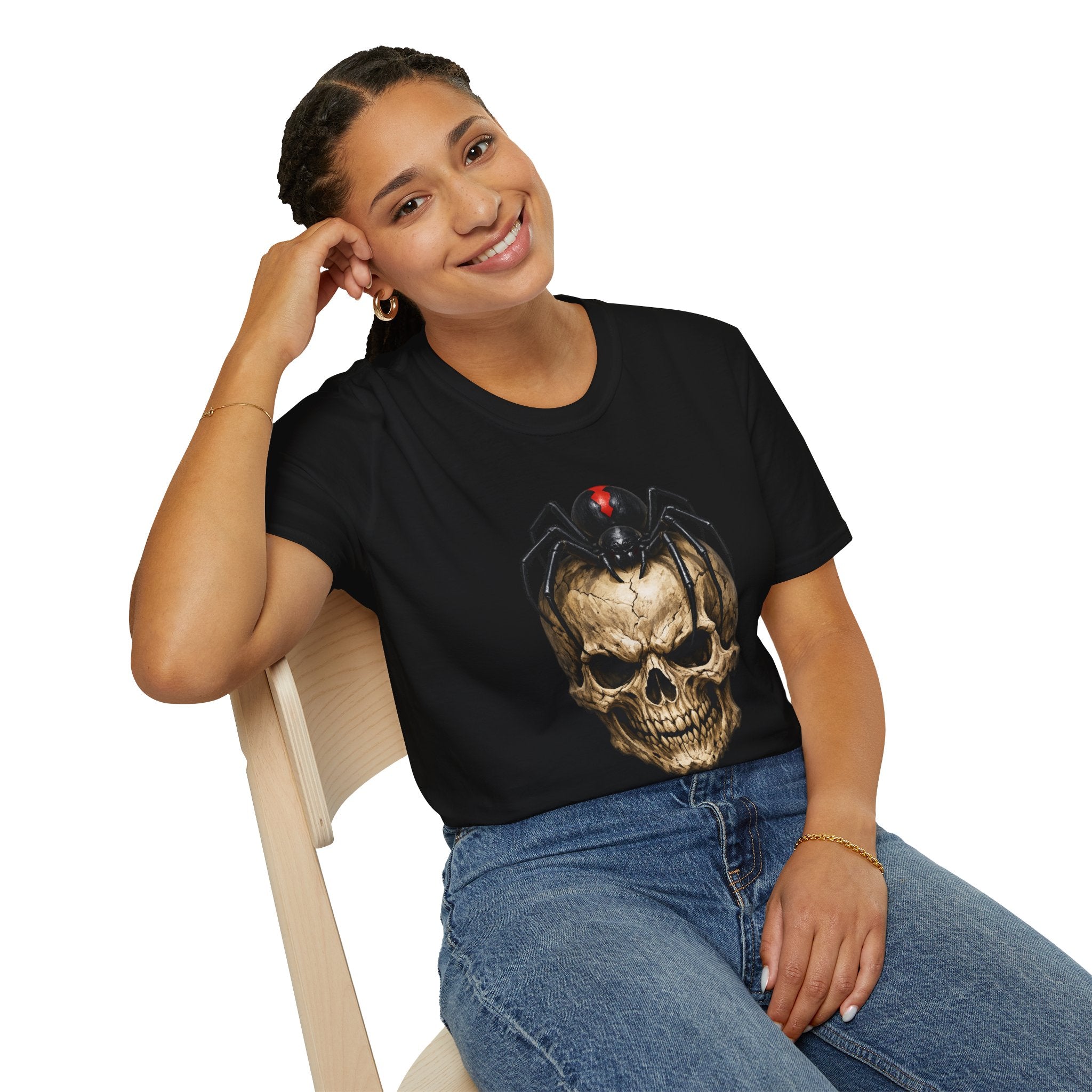 Skull with Black Widow Spider Graphic Gothic T-Shirt
