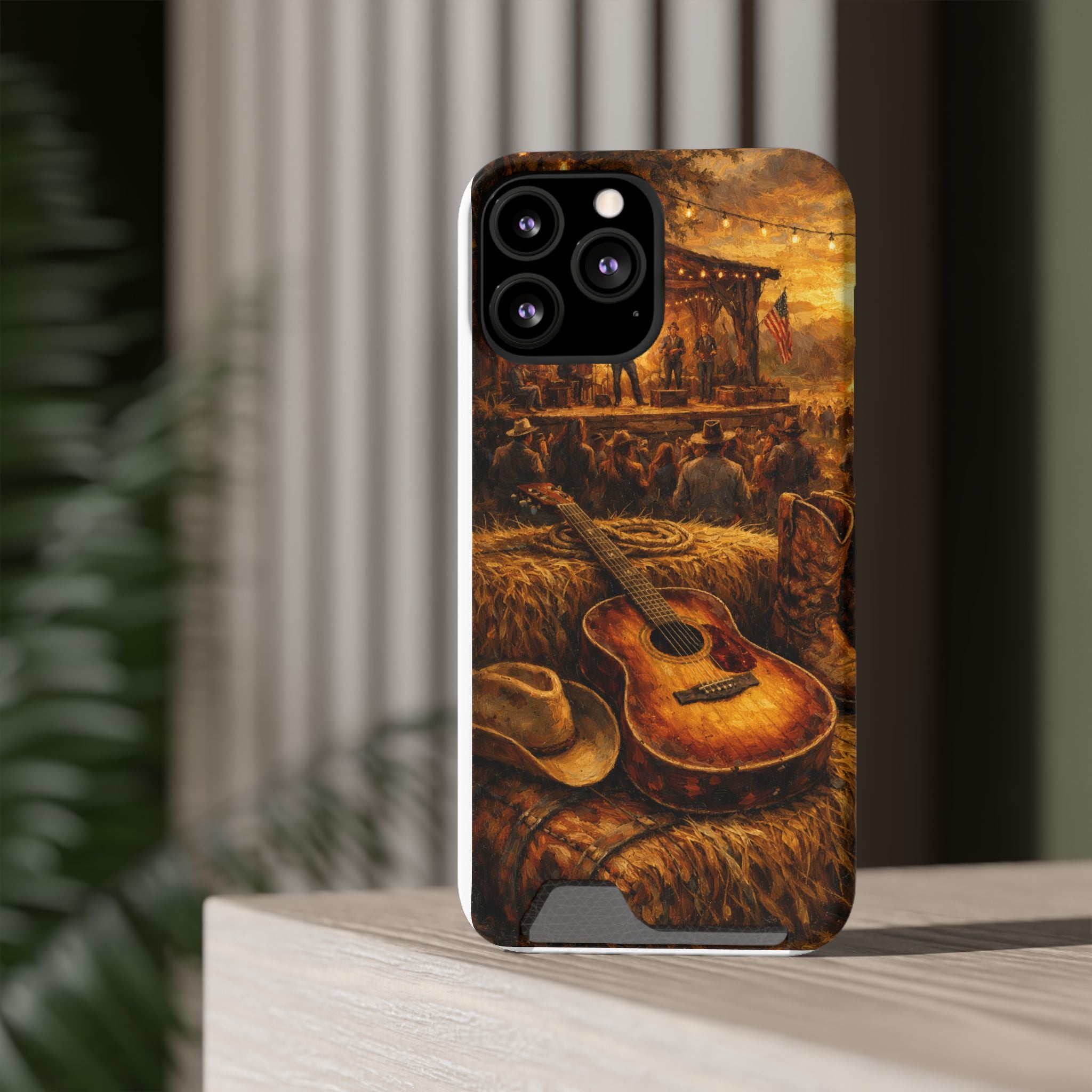 Country Music Guitar Phone Case with Card Holder — Rustic Concert Scene