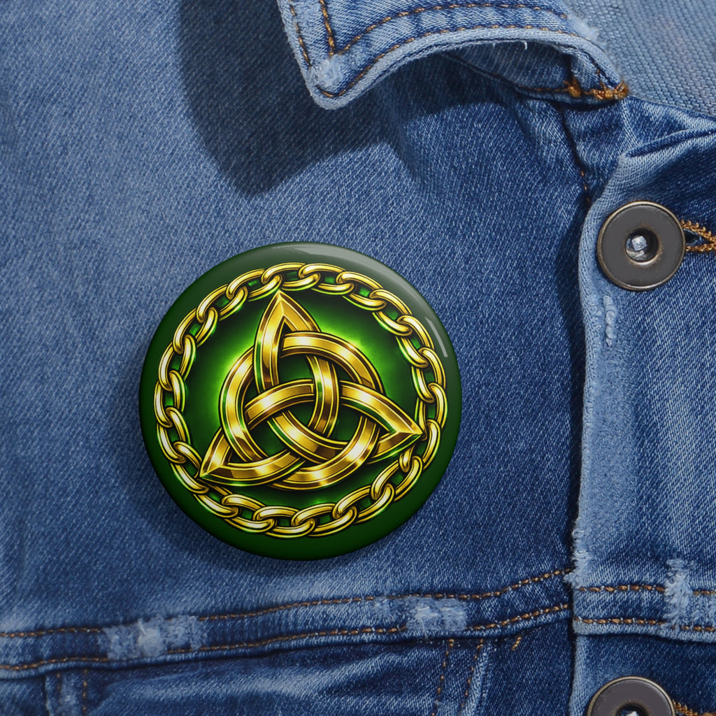 Celtic Knot Pin Button — Gold Trinity Knot on Green