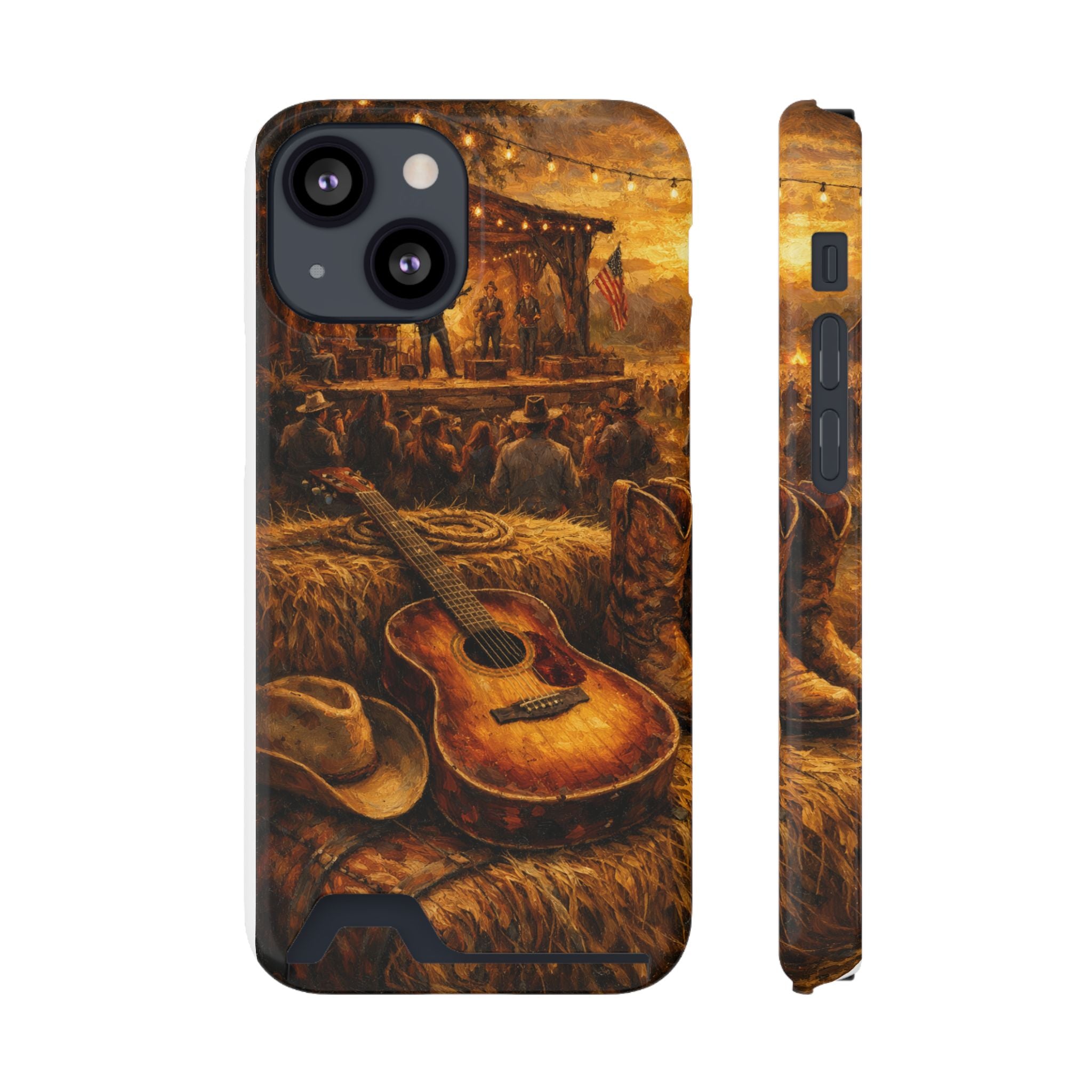 Country Music Guitar Phone Case with Card Holder — Rustic Concert Scene