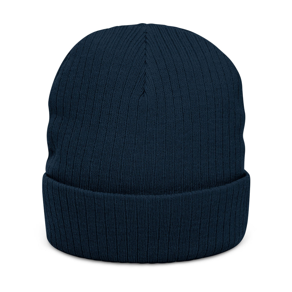 Faux-Embroidered Patch Ribbed Beanie — Vintage Crest Trio Knit Hat