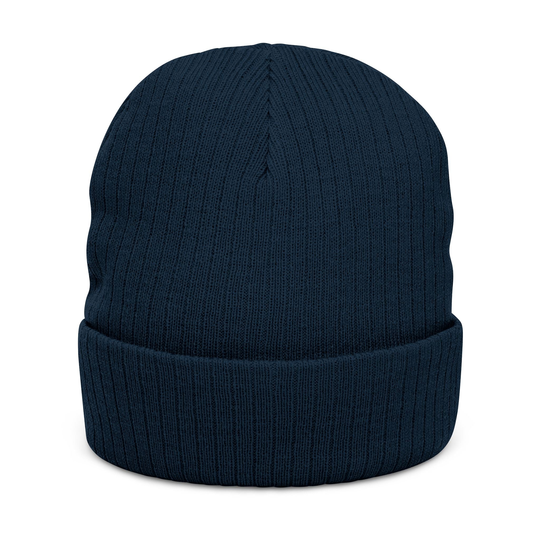 Faux-Embroidered Patch Ribbed Beanie — Vintage Crest Trio Knit Hat