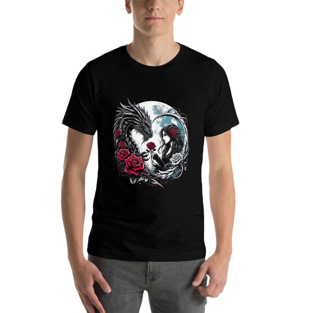 Gothic Dragon And Rose Full Moon Mystical Dark Fantasy Art Premium  Fade-proof Color T-Shirt