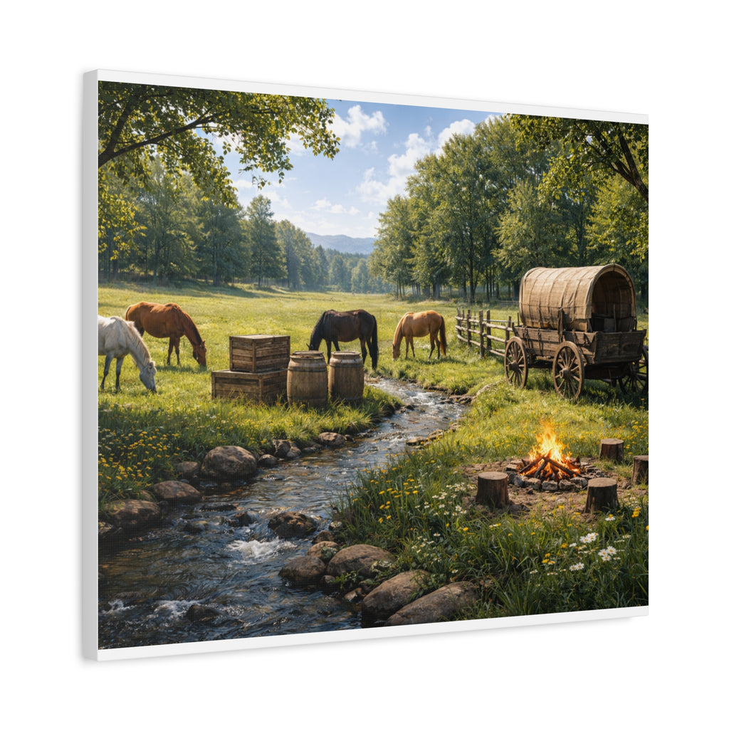 Country Trail Canvas Print – Rustic Wagon & Horses Matte Stretched Wall Art