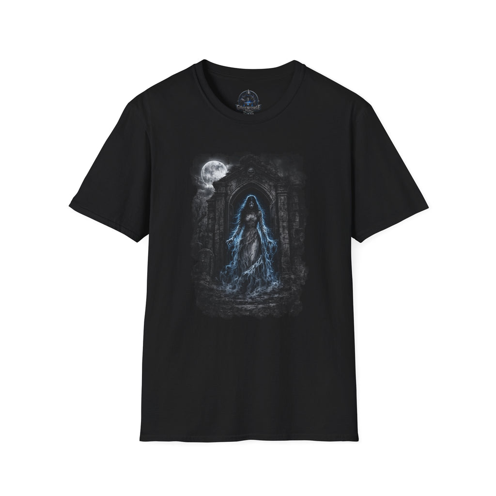 Gothic Moonlight Apparition T‑Shirt — Haunted Shrine Ghost Design