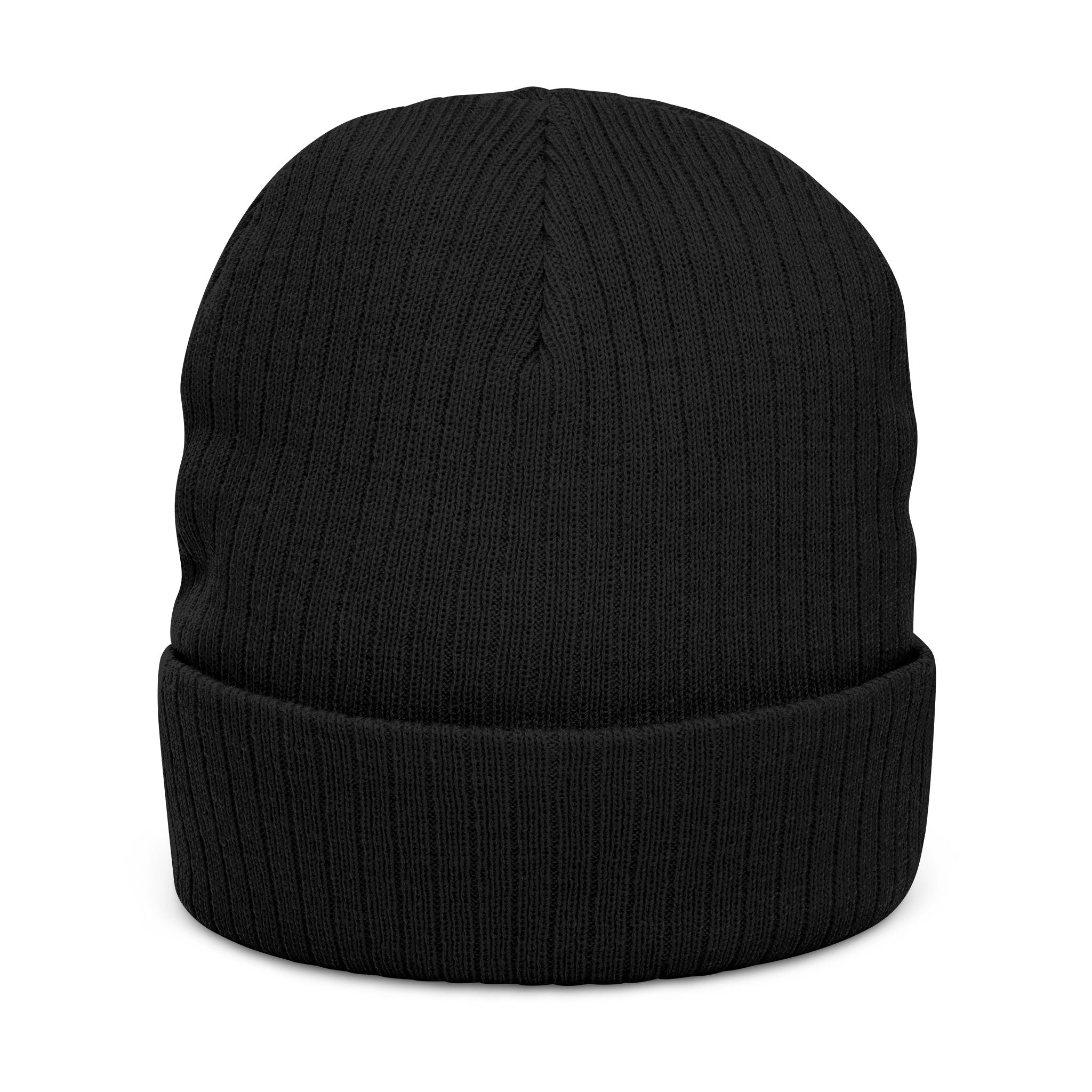 Faux-Embroidered Patch Ribbed Beanie — Vintage Crest Trio Knit Hat