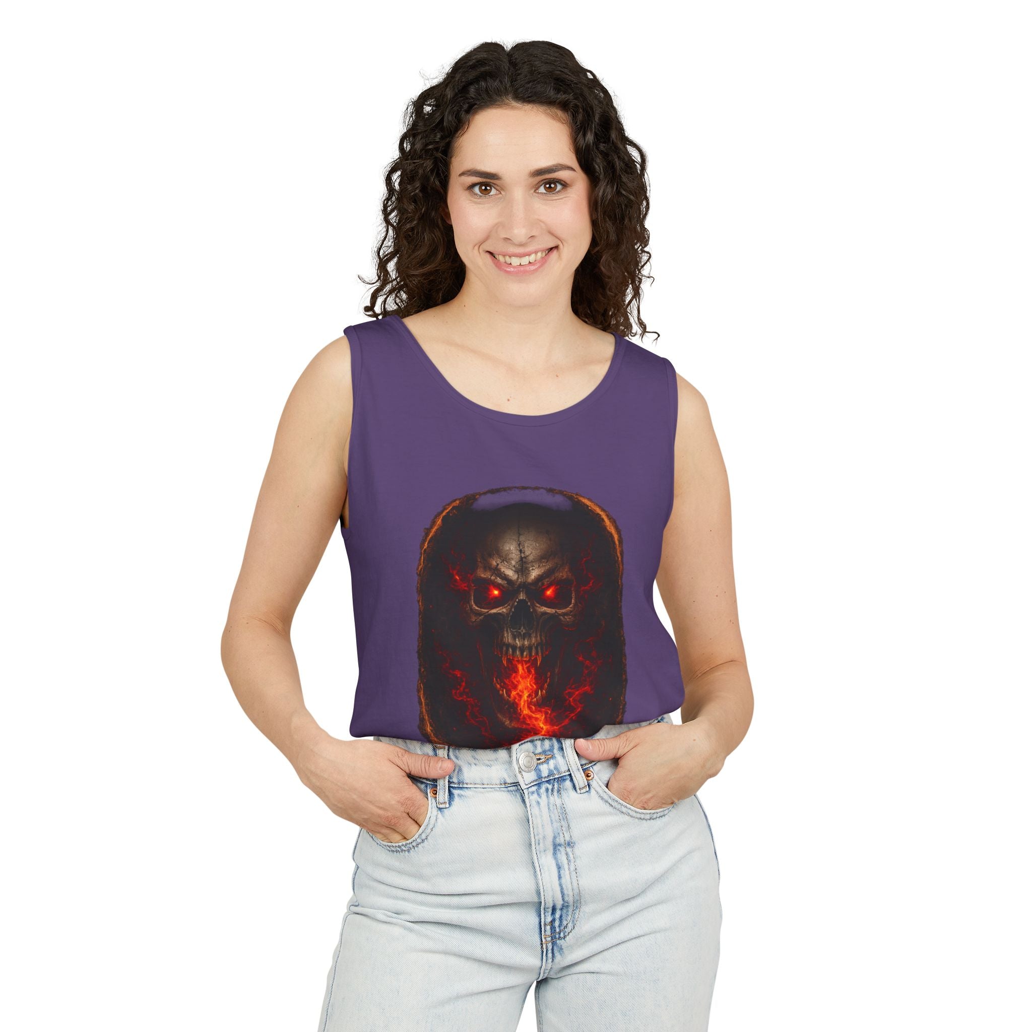 Demon Skull Flame Tank Top — Horror Graphic Summer Tee