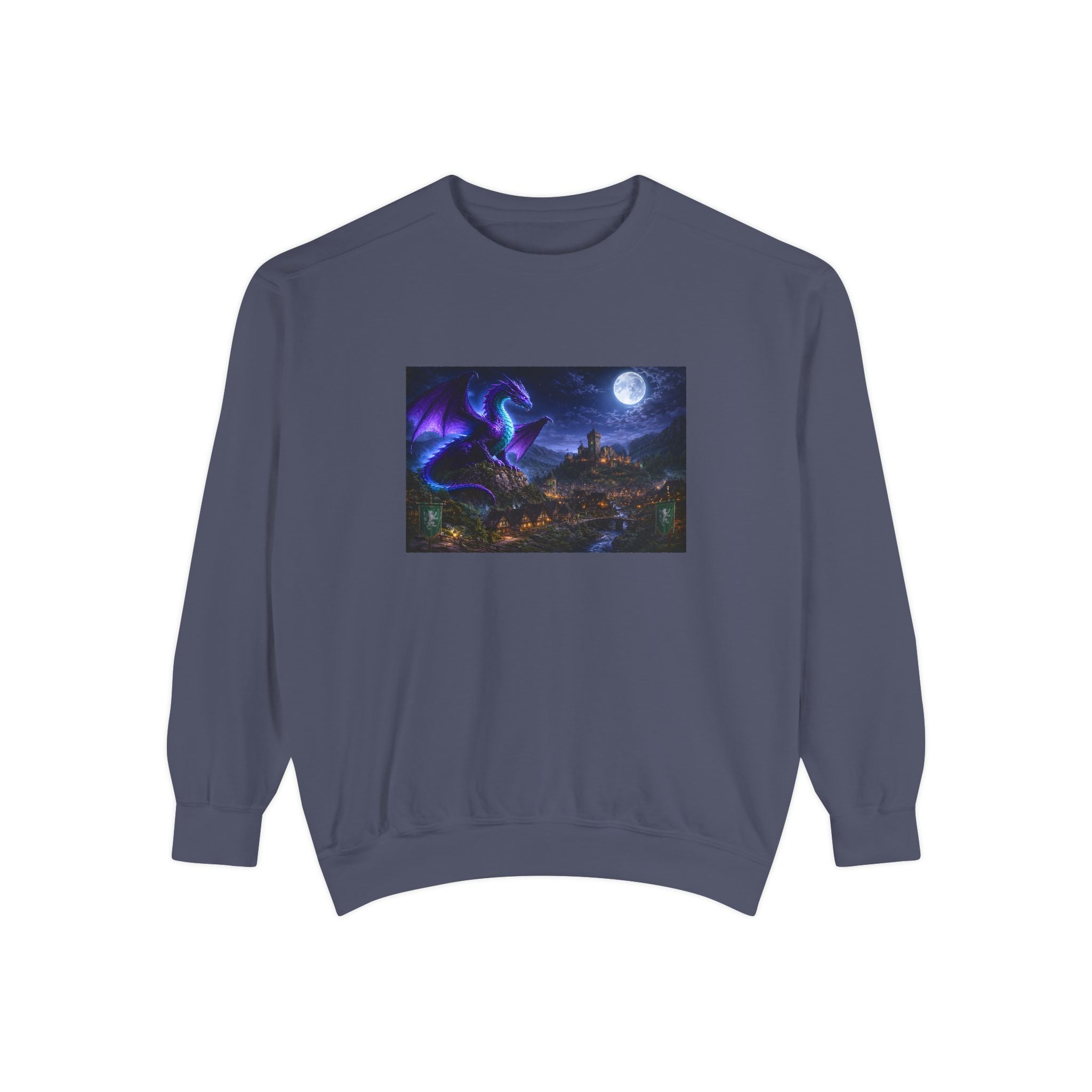 Dragon Night Sweatshirt — Mystical Purple Dragon Over Moonlit Village