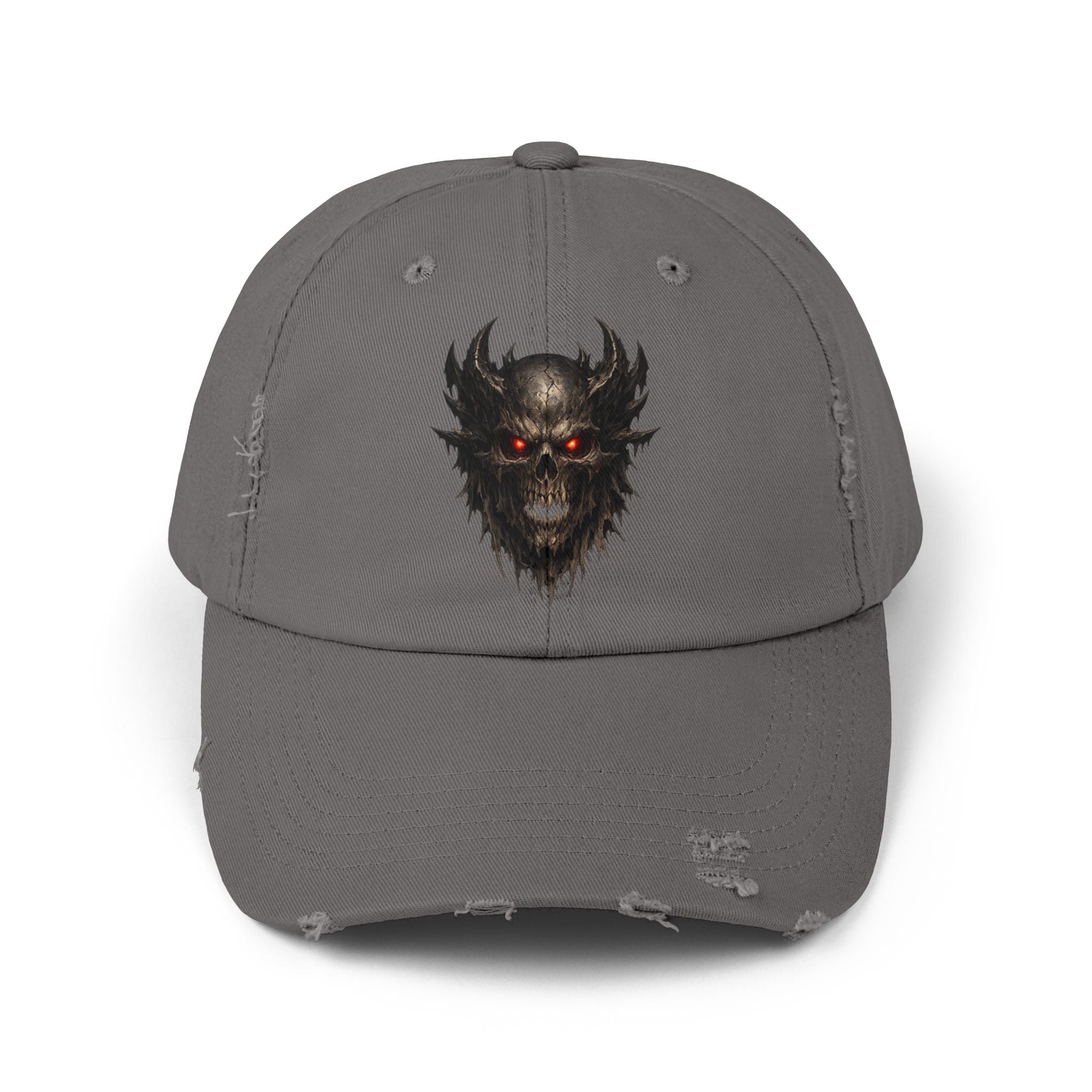Distressed Skull Cap with Glowing Red Eyes — Gothic Demon Hat
