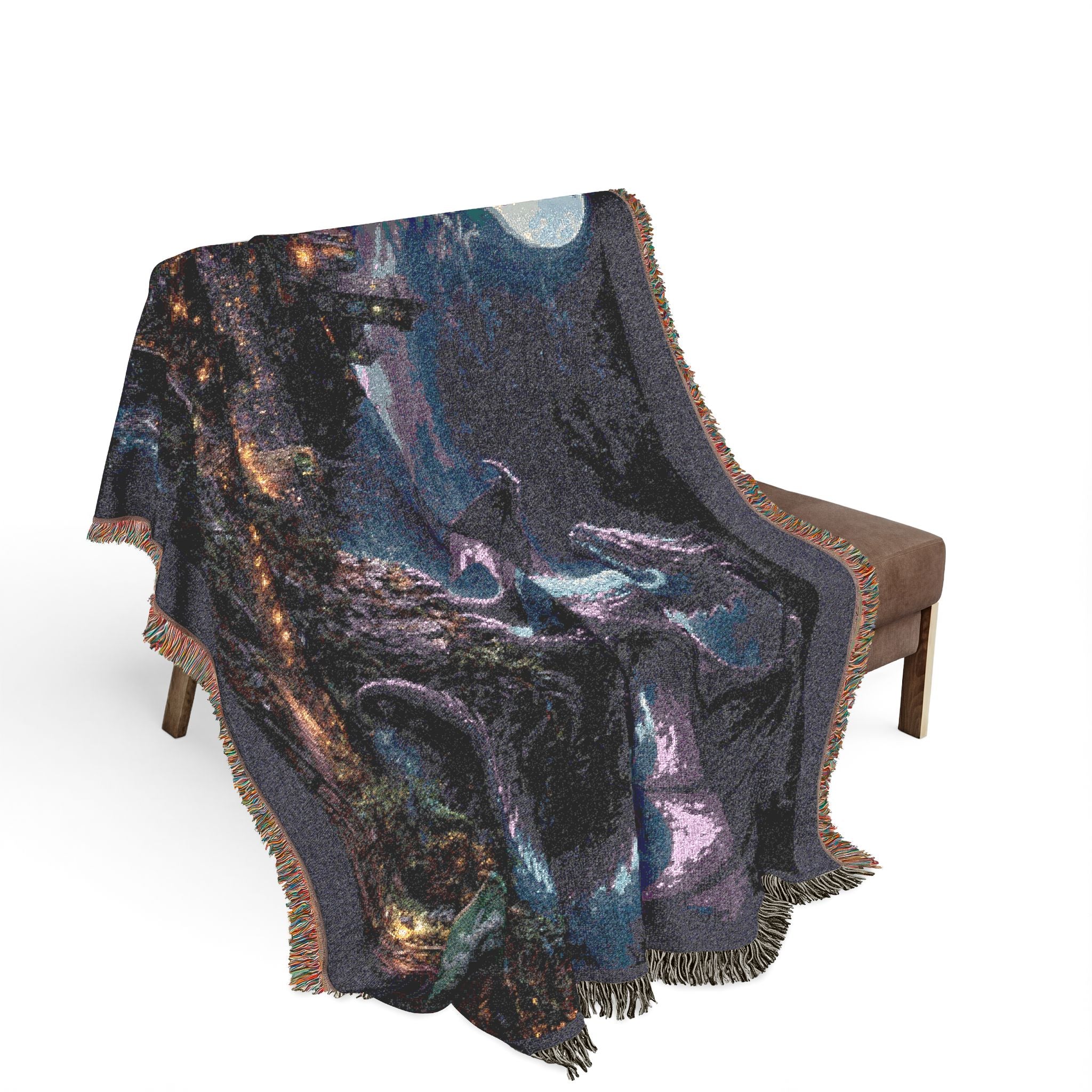 Dragon Night Woven Blanket — Mystical Moonlit Cityscape Throw