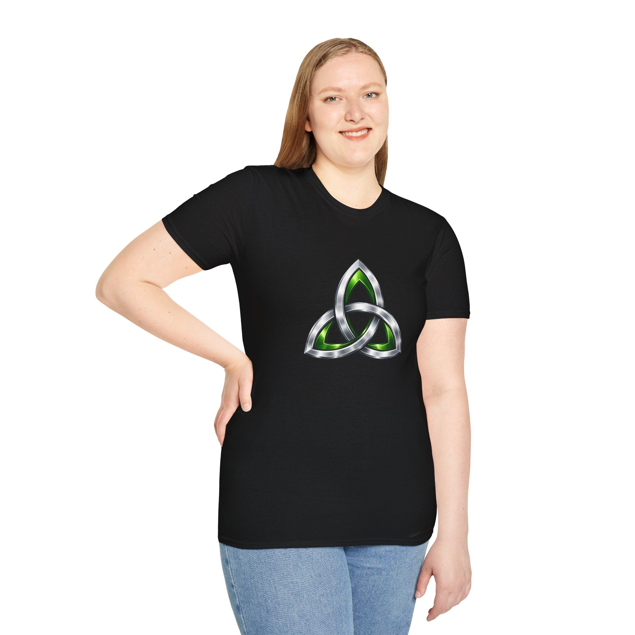 Celtic Trinity Knot T-Shirt — Metallic Green Triquetra Design
