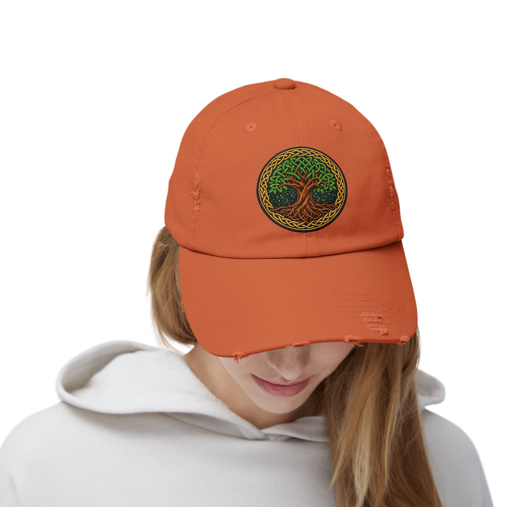 Distressed Baseball Cap — Celtic Tree of Life Faux-Embroidered Adjustable Hat