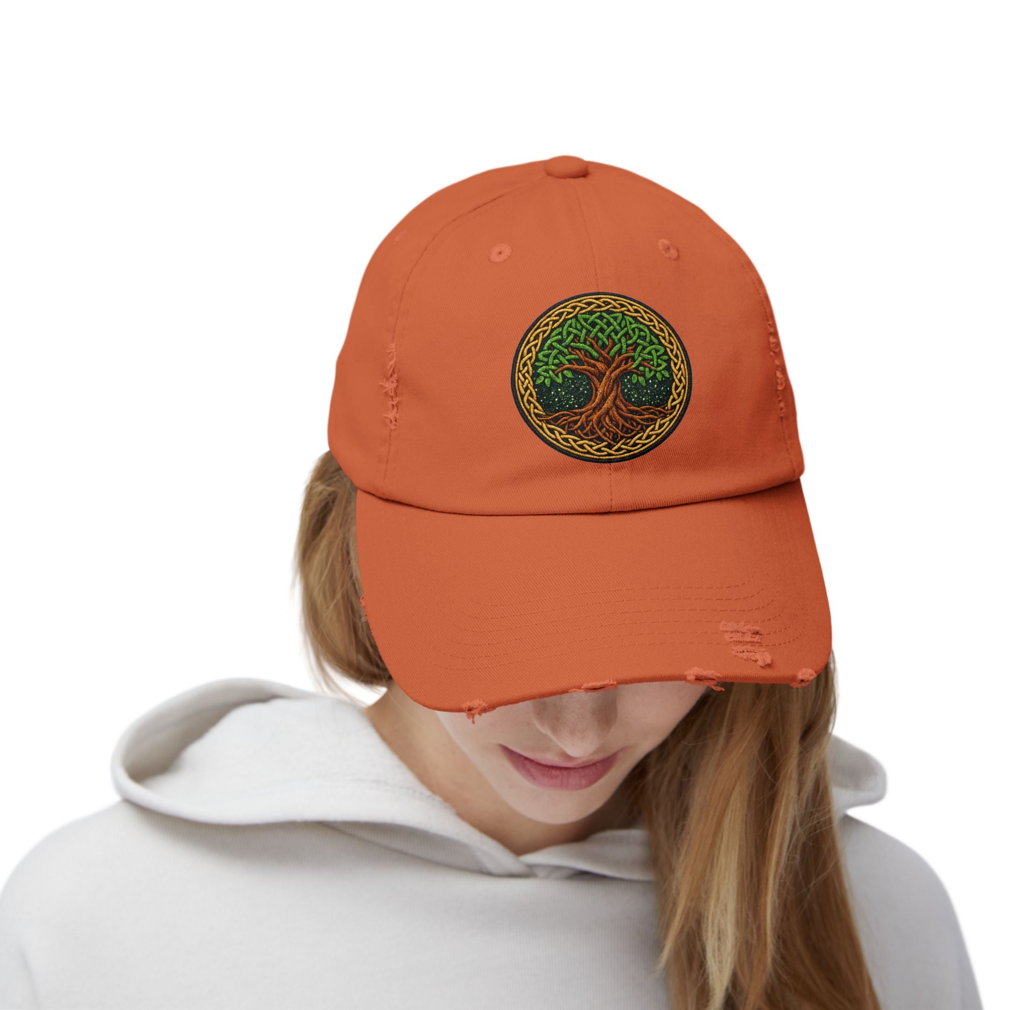 Distressed Baseball Cap — Celtic Tree of Life Faux-Embroidered Adjustable Hat