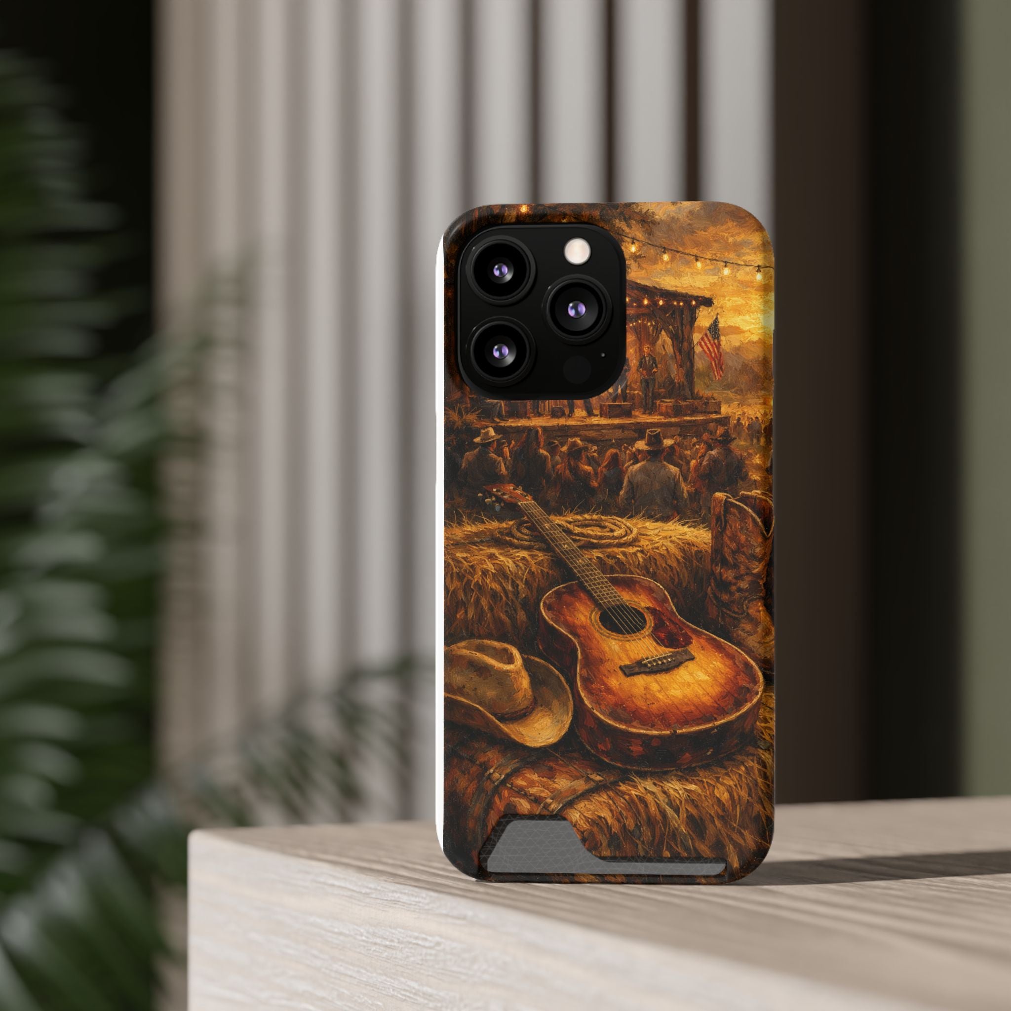 Country Music Guitar Phone Case with Card Holder — Rustic Concert Scene