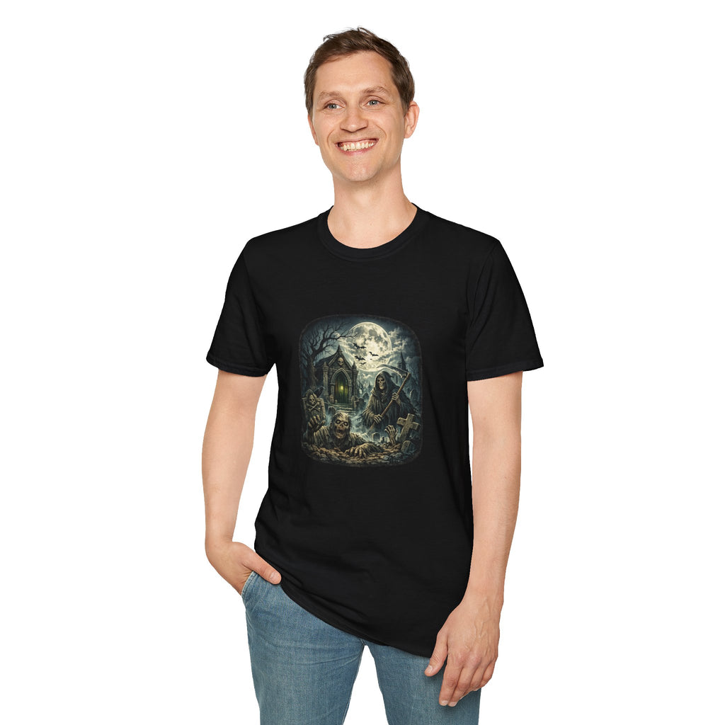 Haunted Graveyard T-Shirt — Moonlit Reaper & Haunted Crypt Graphic Tee