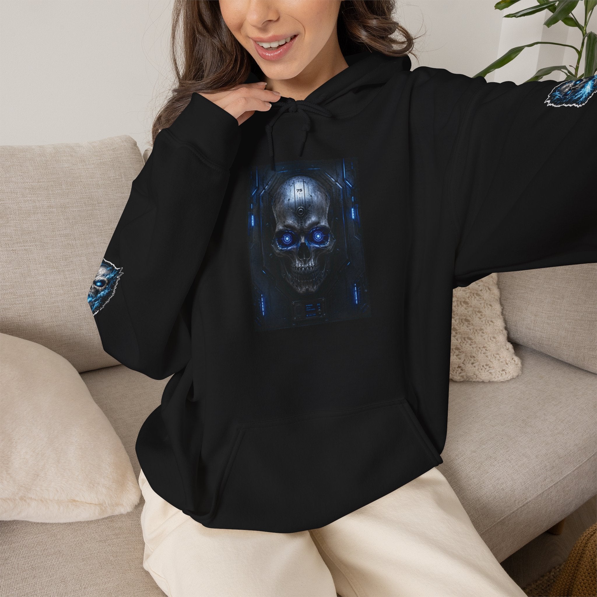 Premium Skull Hoodie — Blue Cyber Skull Graphic Pullover