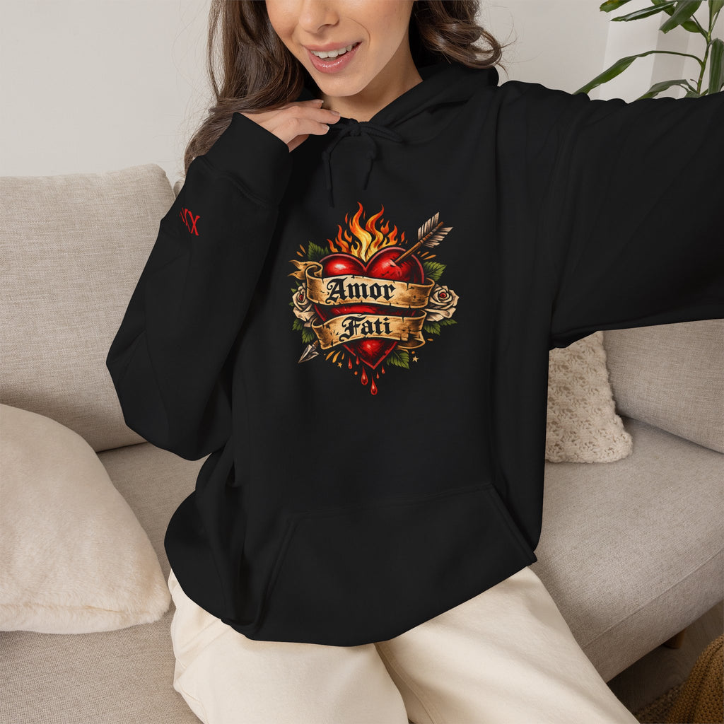 Amor Fati Flaming Heart Hoodie — Tattoo-Style Motivational Pullover