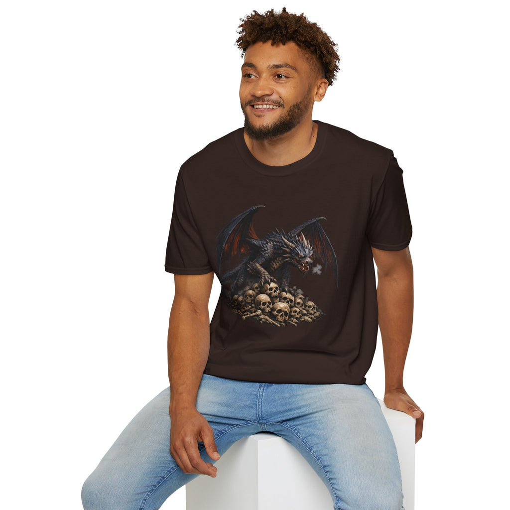 Dragon on Skull Pile Graphic T-Shirt — Dark Fantasy Winged Dragon Design
