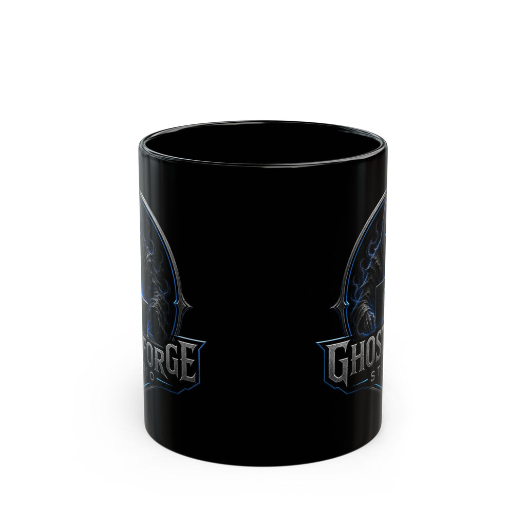 GhostForge Studio Logo Black Mug — Gaming Raven Hooded Emblem Coffee Cup (11oz/15oz)