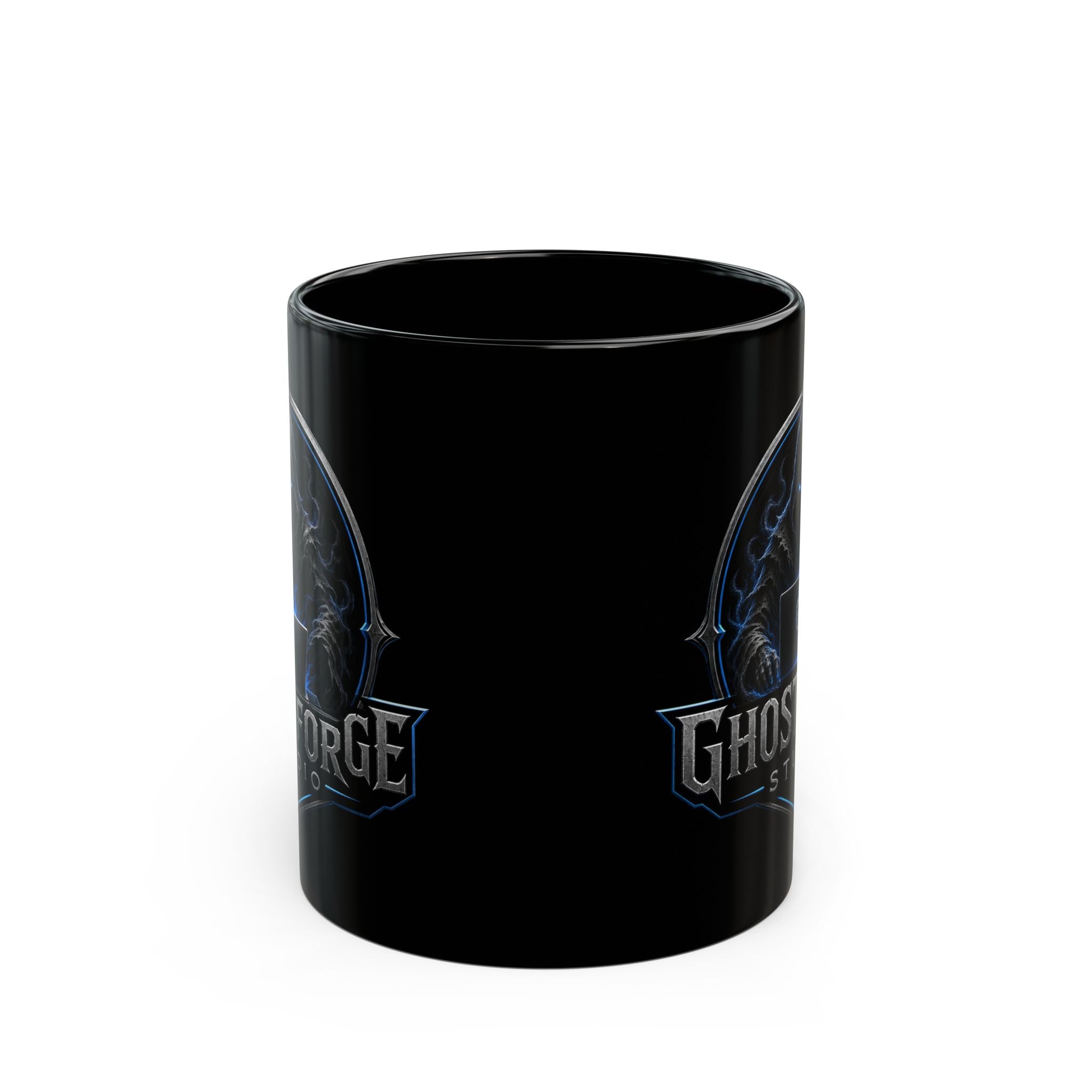 GhostForge Studio Logo Black Mug — Gaming Raven Hooded Emblem Coffee Cup (11oz/15oz)