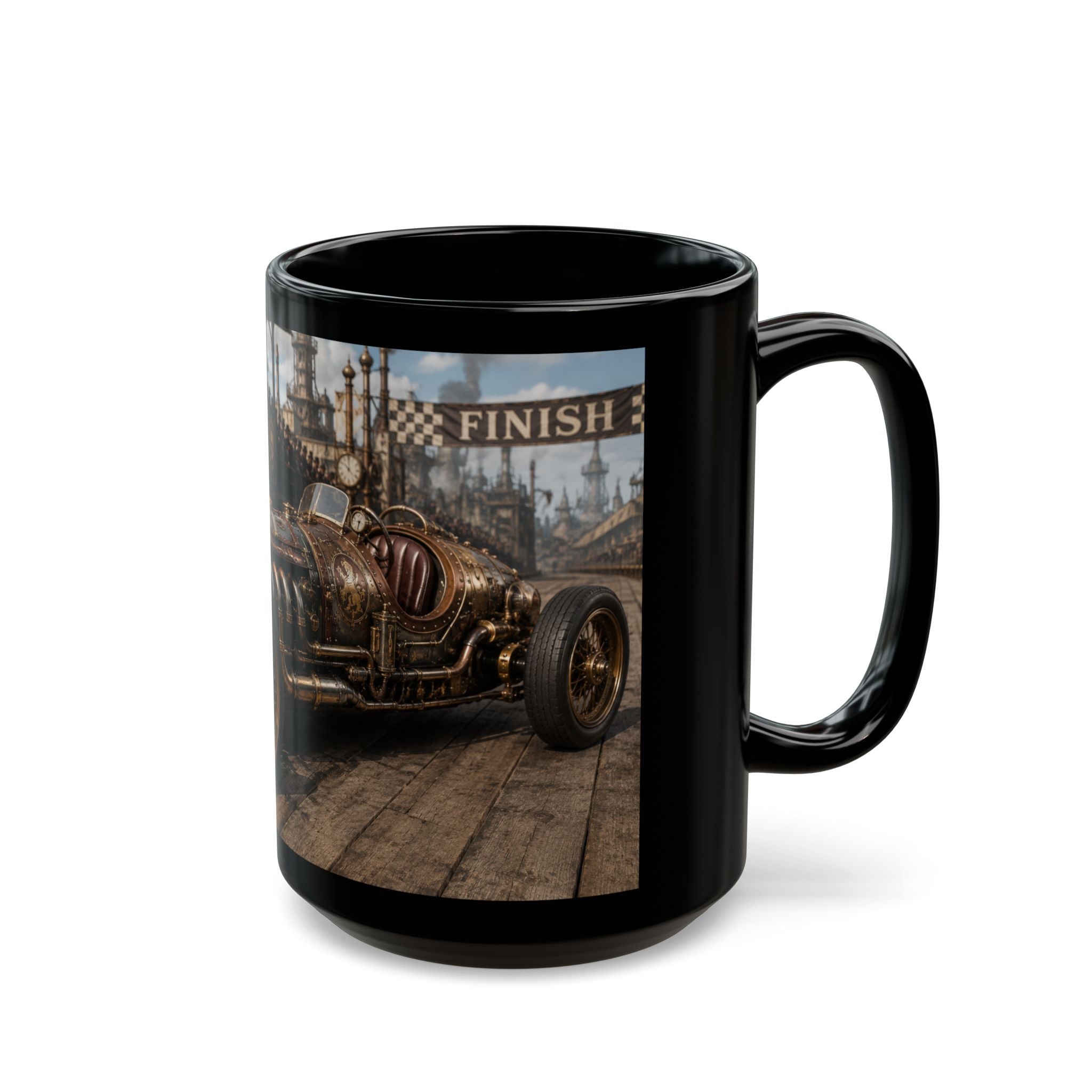 Steampunk Vintage Racecar Black Mug - 'Finish' Retro Racing Coffee Cup (11oz/15oz)