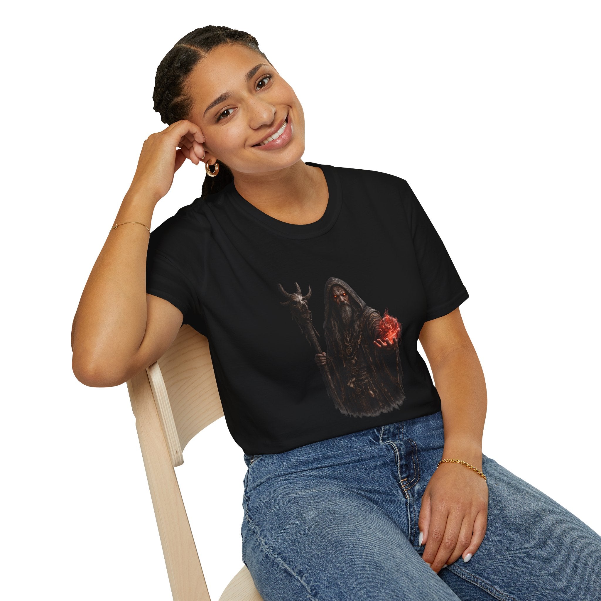 Dark Wizard T‑Shirt — Sorcerer with Flaming Orb Fantasy Tee