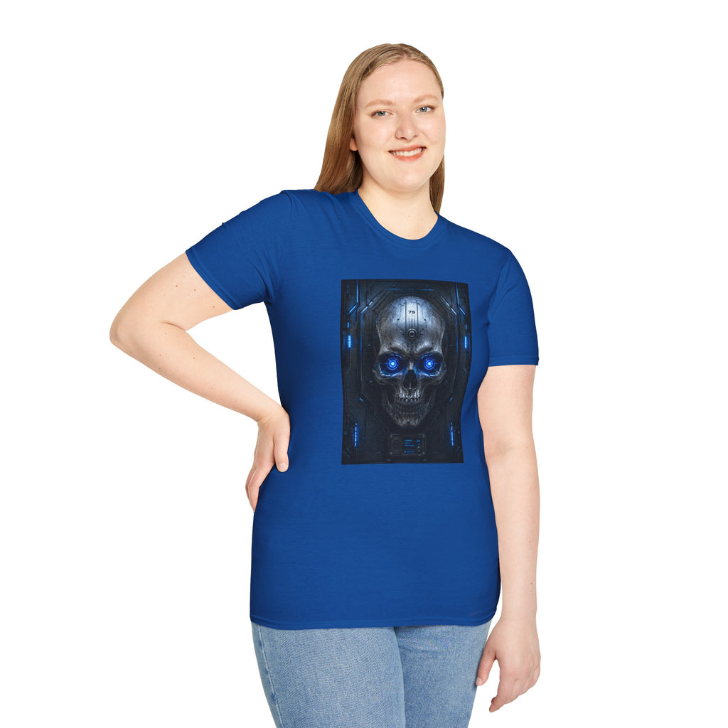 Skull Cyberpunk T-Shirt — Blue Glowing Skull Sci‑Fi Graphic Tee