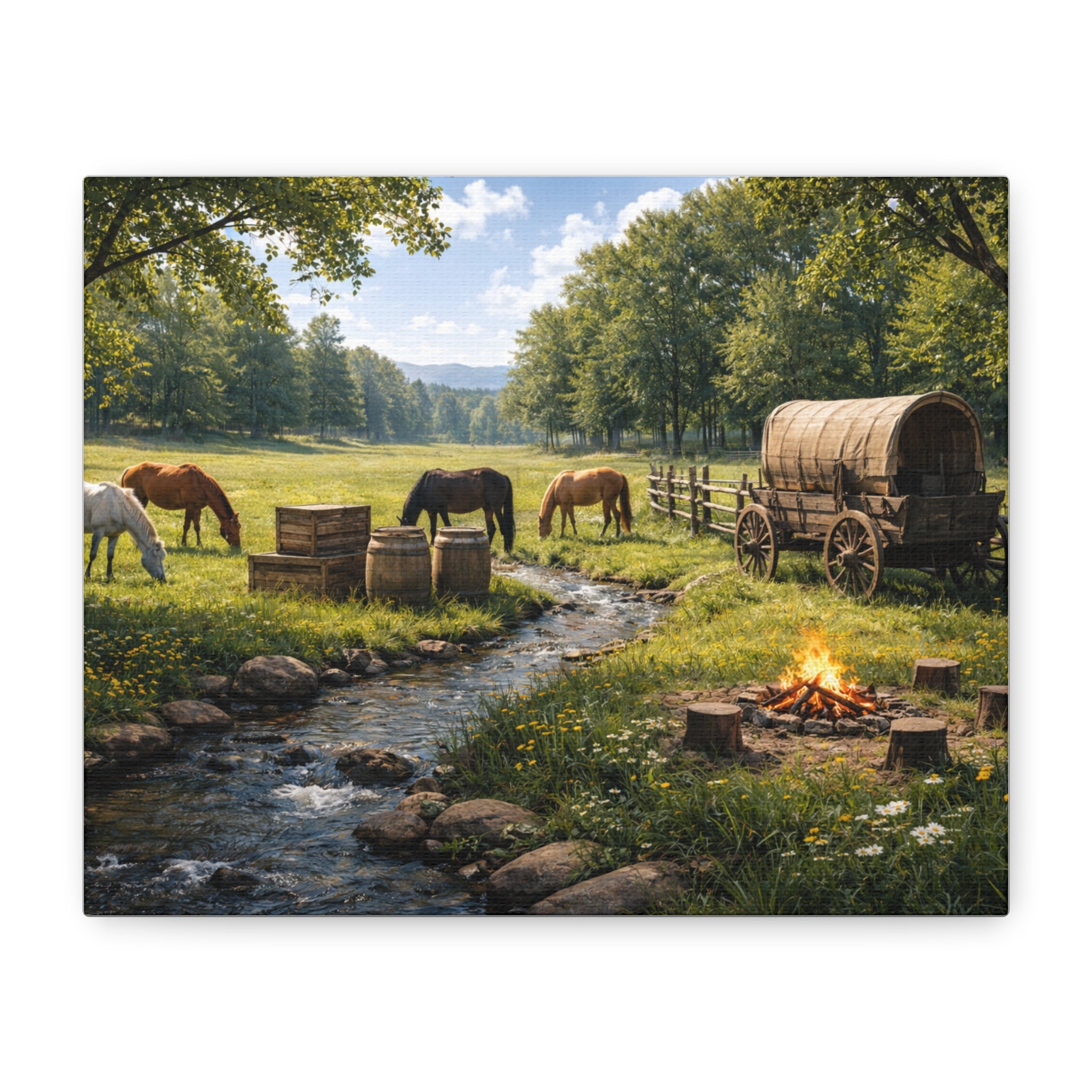 Country Trail Canvas Print – Rustic Wagon & Horses Matte Stretched Wall Art