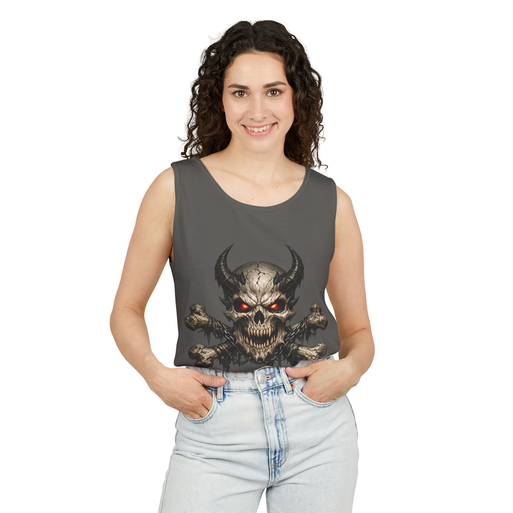 Demon Skull Tank Top — Red-Eyed Skull & Crossbones Graphic