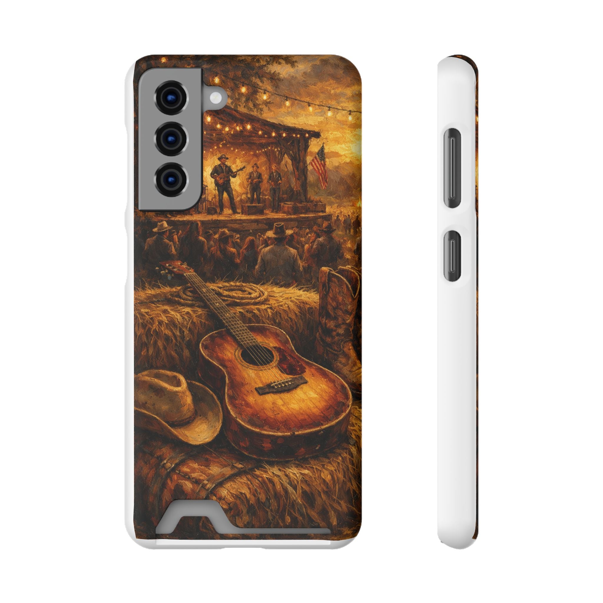 Country Music Guitar Phone Case with Card Holder — Rustic Concert Scene