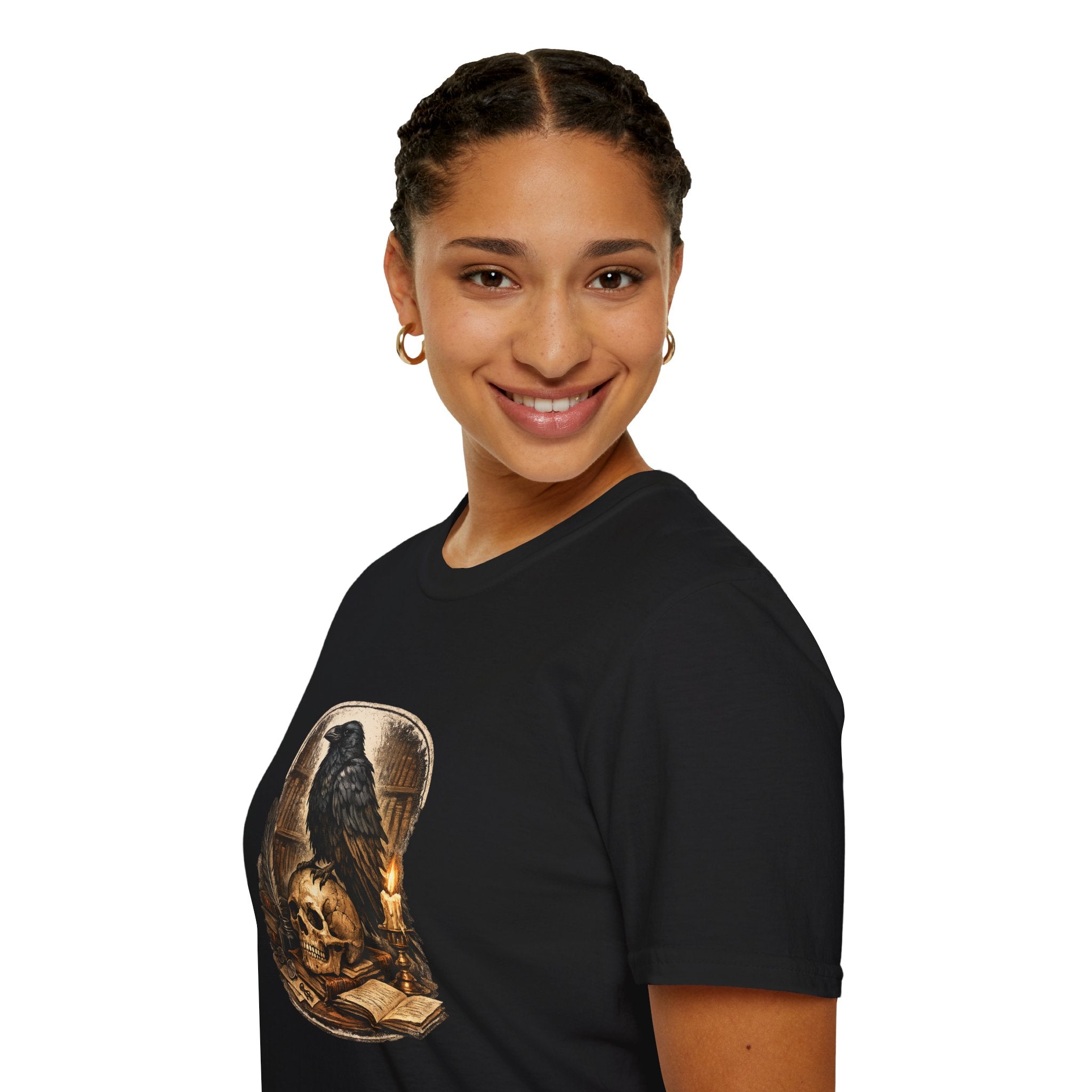 Raven on Skull T‑Shirt – Gothic Crow Skull Candle Design