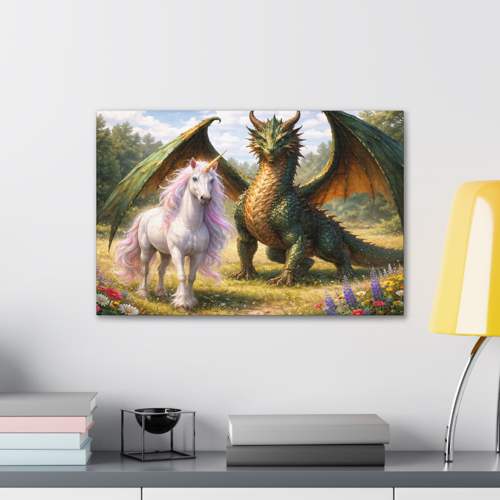 Dragon and Unicorn Canvas Wall Art — Fantasy Creature Print for Nursery, Kids’ Room & Fantasy Decor