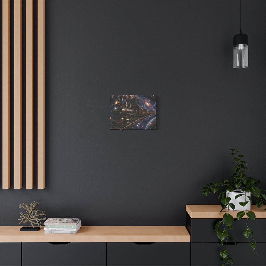 Steam Train Through the Cosmos Canvas Art — Vintage Locomotive Space Poster
