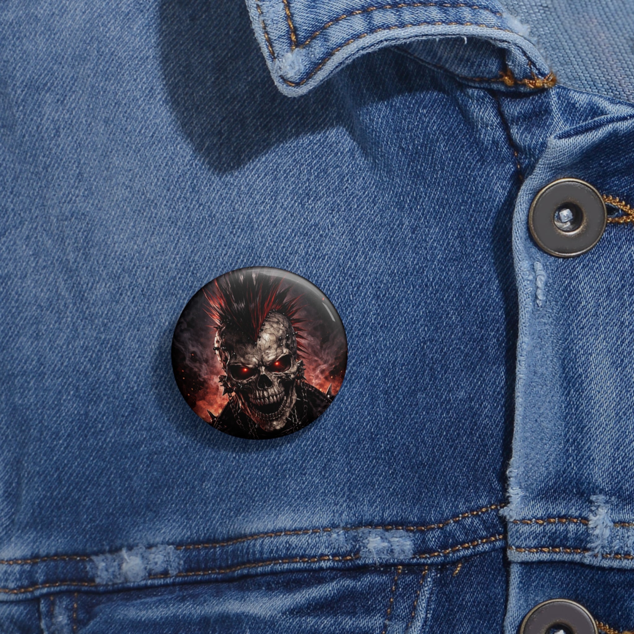 Skull Punk Button Pin — Fiery Red-Eyed Horror Badge
