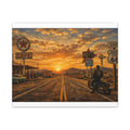 Route 66 Sunset Motorcycle Canvas Wall Art — Vintage Roadside Cafe Print